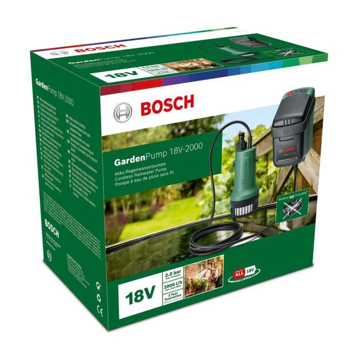 Pudełko Bosch GardenPump 18V-2000. Pokazuje pompę, akumulator i specyfikacje produktu. Dominują kolory zielony i biały.