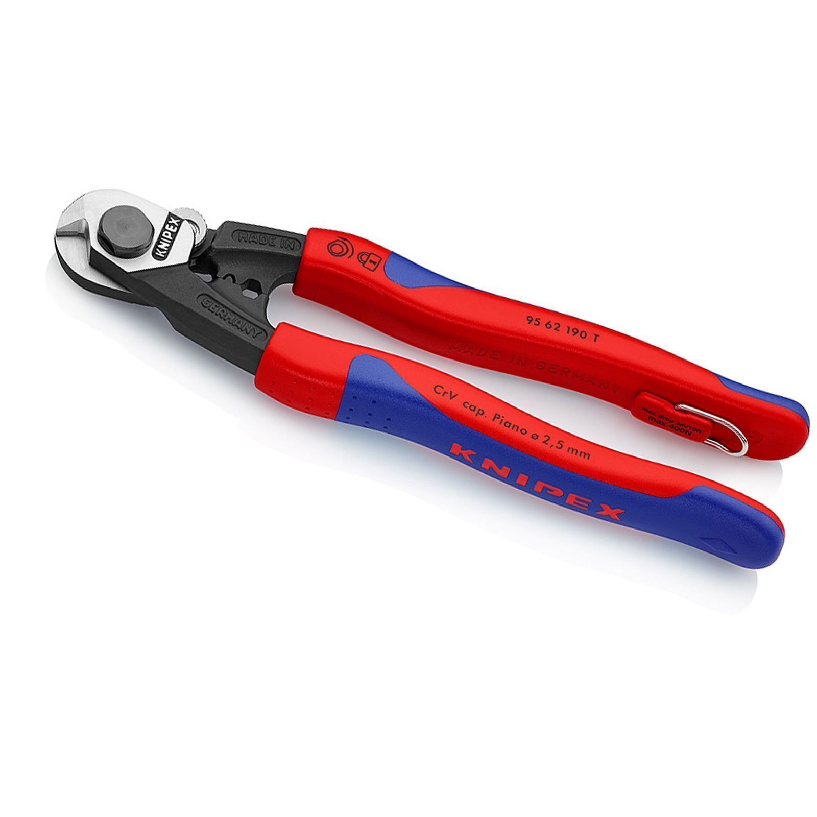 KNIPEX-Drahtseilschneider mit rot-blauen Griffen. Aufschrift 'Made in Germany'. Der Schneider liegt auf weißem Grund.