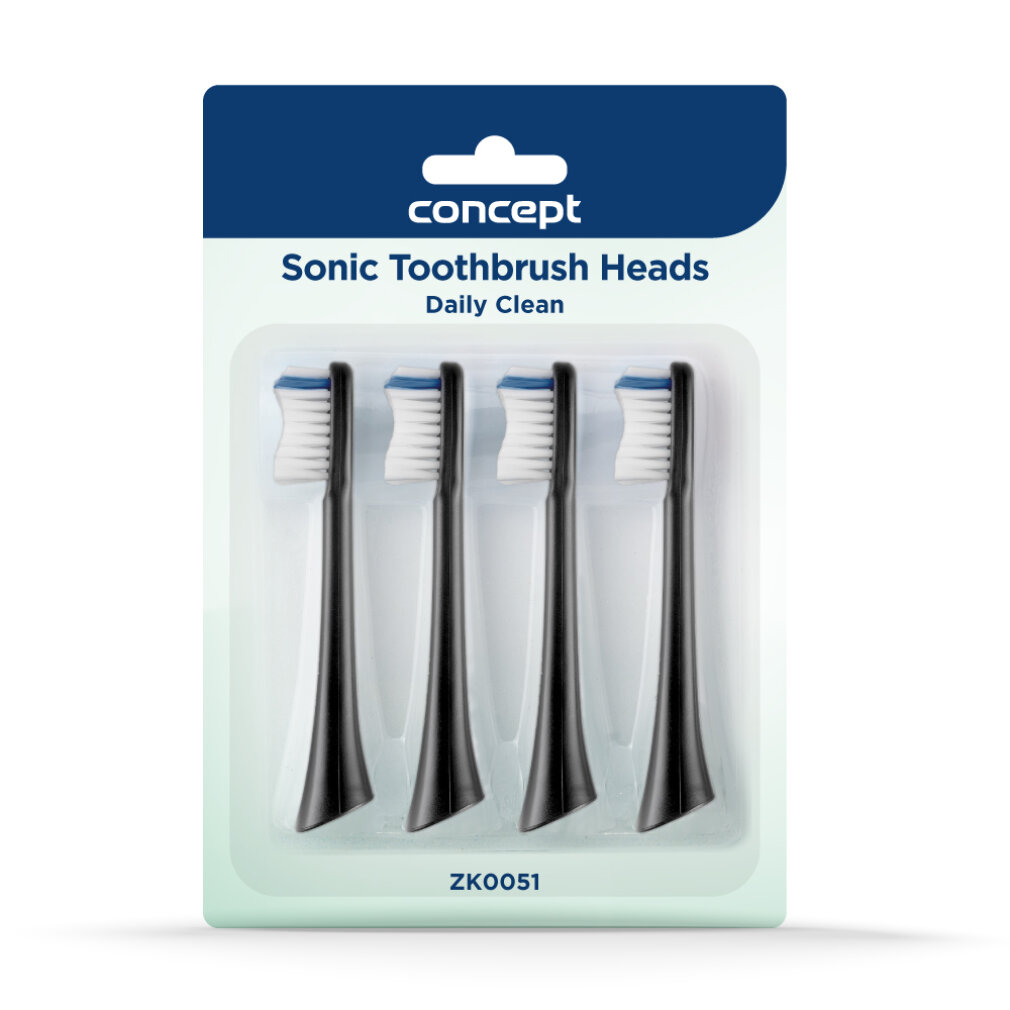 Verpakking van vier zwarte sonische tandenborstelkoppen. Witte borstelharen met blauwe accenten. Op de verpakking staat 'Concept Sonic Toothbrush Heads'.