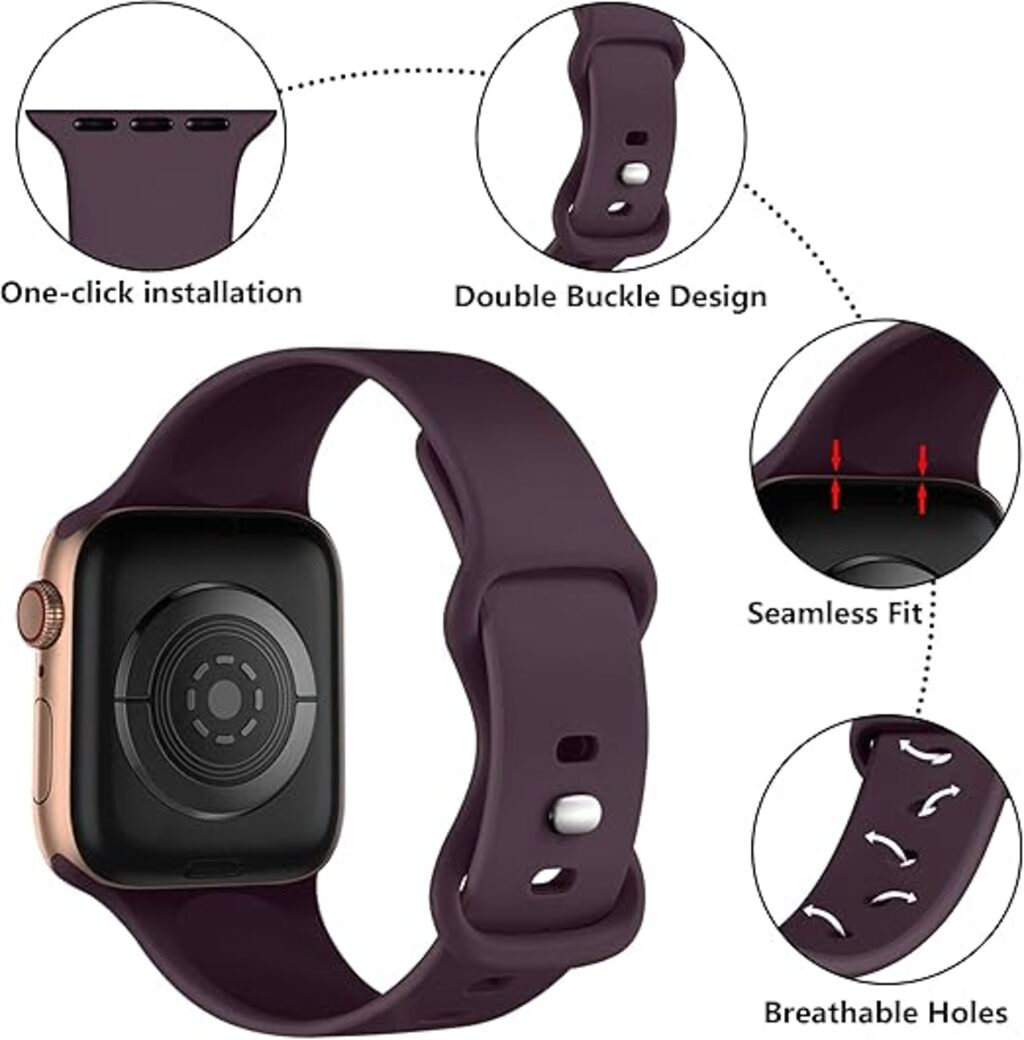 Ein lila Uhrenarmband mit einer goldenen Uhr. Details umfassen One-Click-Installation, Doppel-Schnallen-Design, nahtlose Passform und atmungsaktive Löcher.