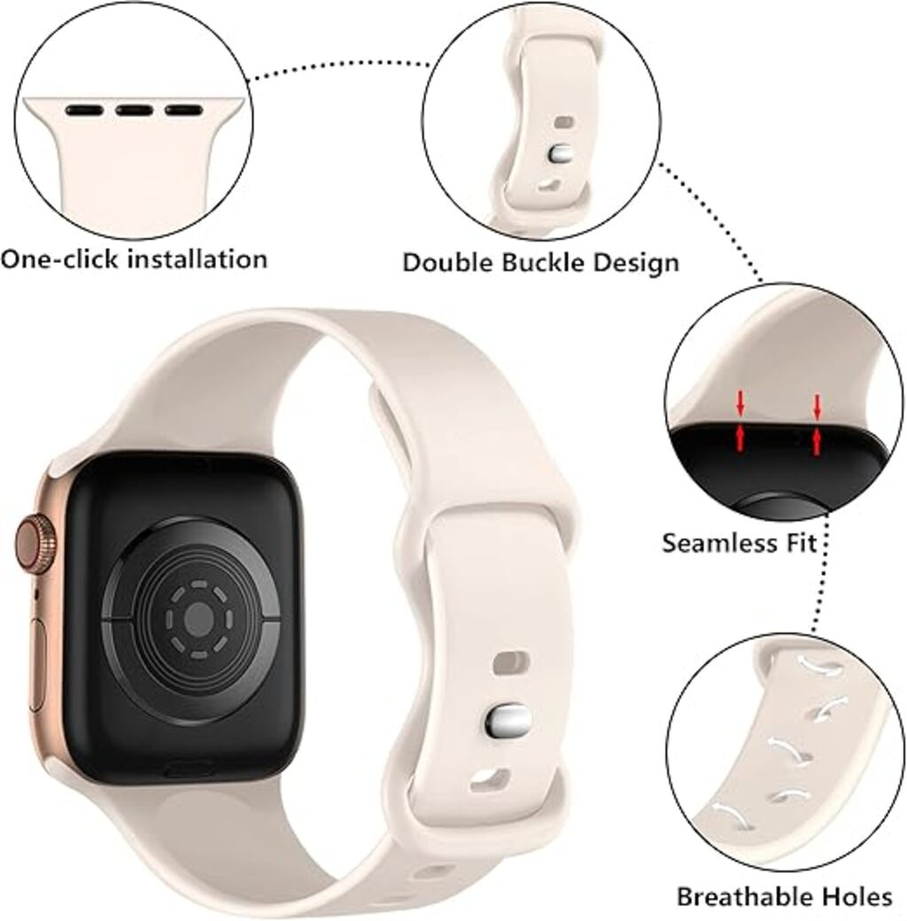 Cremefarbenes Uhrenarmband mit goldfarbenem Gehäuse, schwarzem Bildschirm und Funktionen: One-Click-Installation, Doppelschnalle, nahtlose Passform und atmungsaktive Löcher.