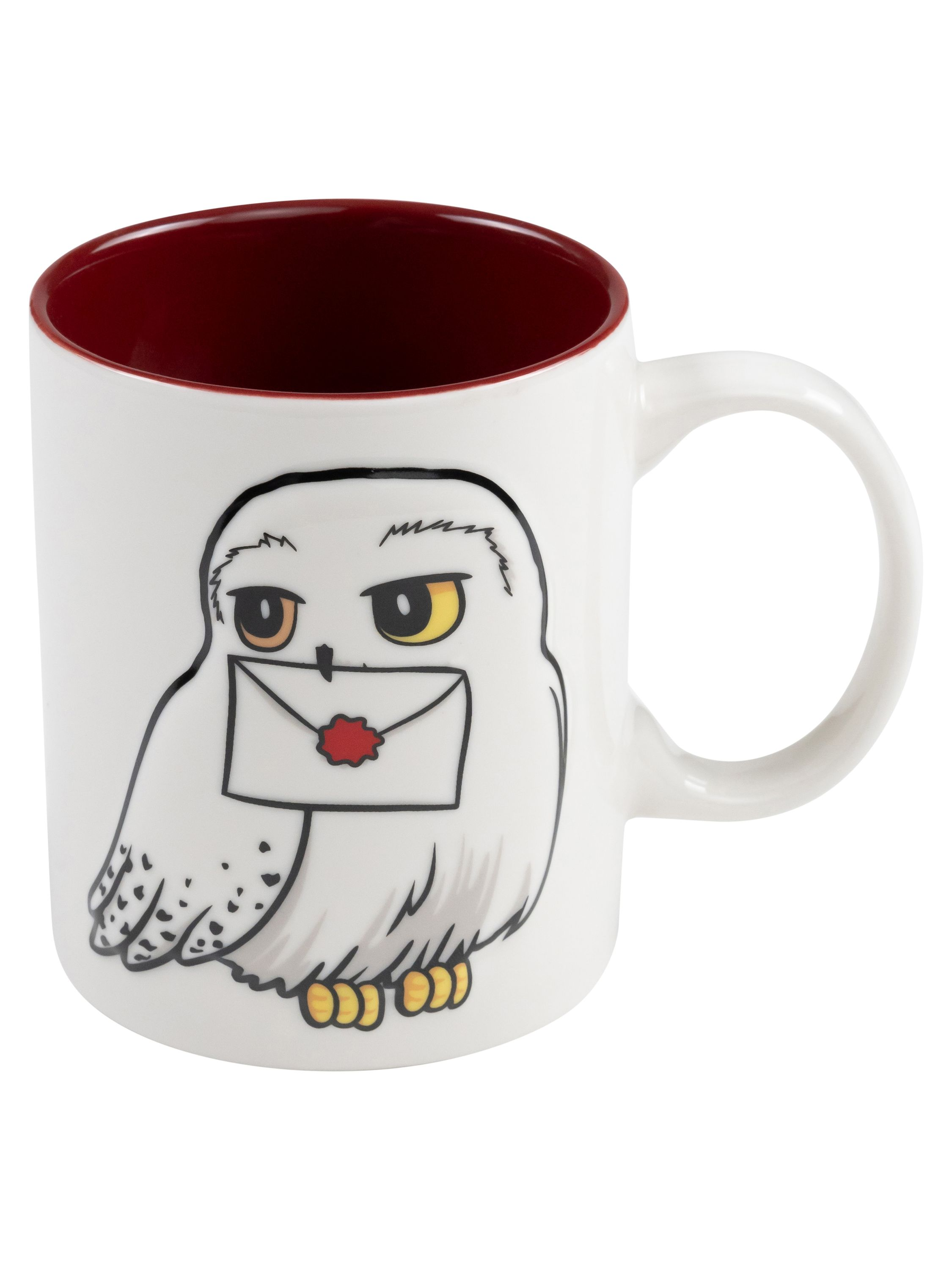 Weißer Becher mit roter Innenseite und einer Cartoon-Eule mit einem Umschlag. Die Eule hat große Augen und gelbe Füße.