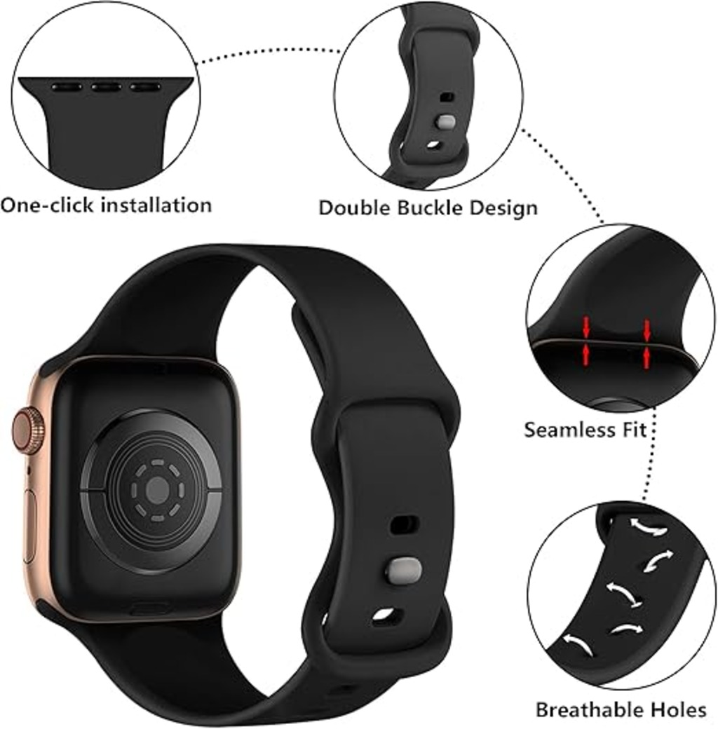 Schwarze Smartwatch mit schwarzem Armband, goldfarbener Rahmen. Merkmale zeigen One-Click, Doppelschnalle, nahtlose Passform und atmungsaktive Löcher.