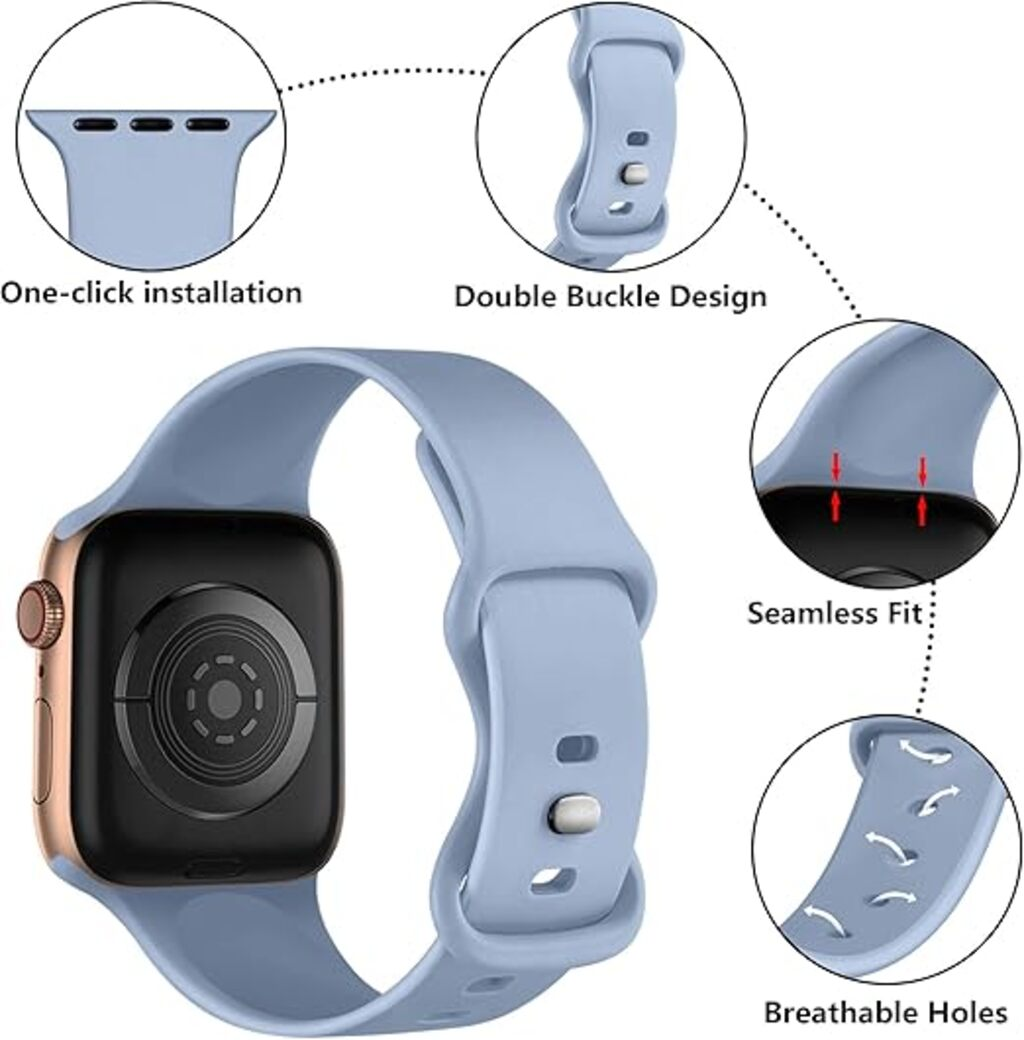 Hellblaues Apple Watch Armband mit goldenem Gehäuse. Merkmale sind One-Click-Installation, Doppelschnalle, nahtlose Passform und atmungsaktive Löcher.