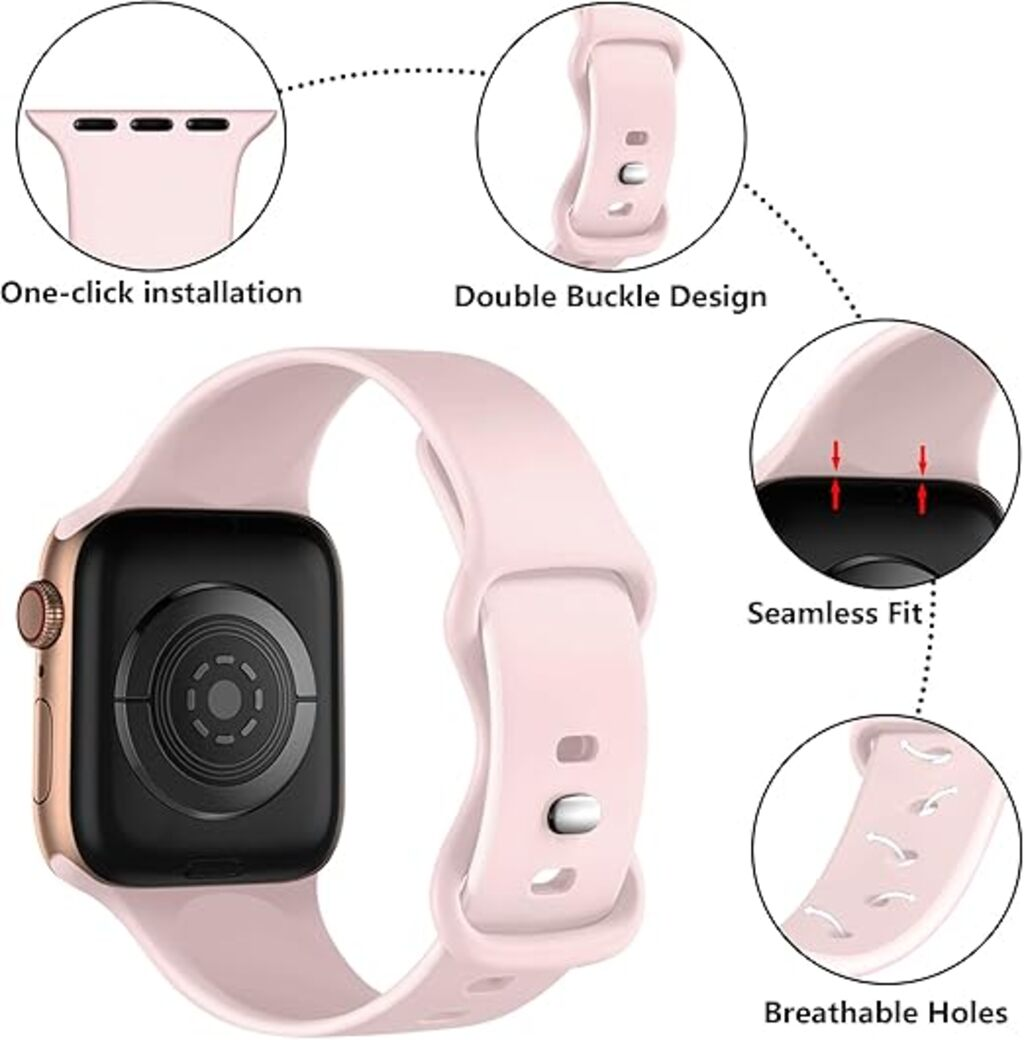 Pinke Apple Watch mit Details: One-Click-Installation, Doppelschnalle, nahtlose Passform und atmungsaktive Löcher. Das Gehäuse ist golden.