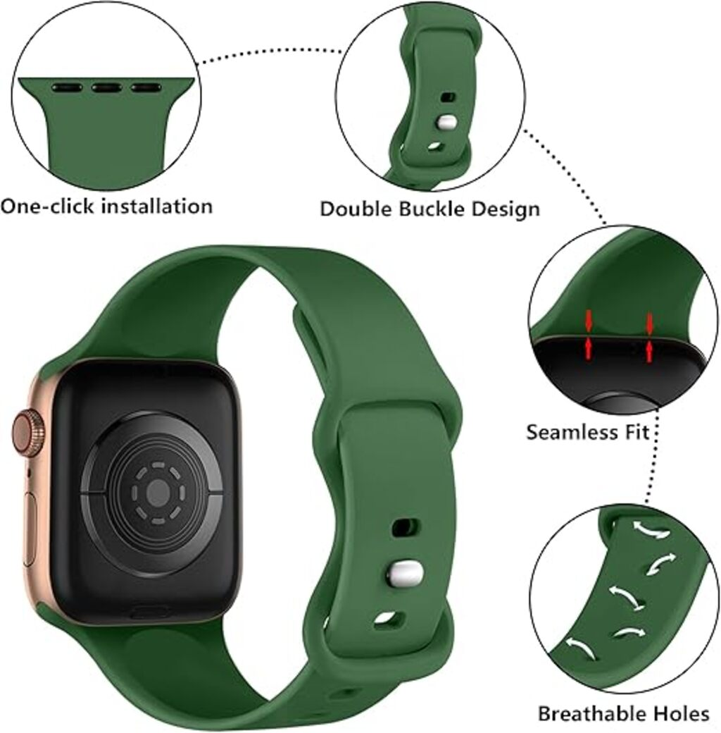 Grünes Smartwatch-Armband mit goldfarbenem Gehäuse. Merkmale sind One-Click-Installation, Doppelschnalle, nahtlose Passform und atmungsaktive Löcher.