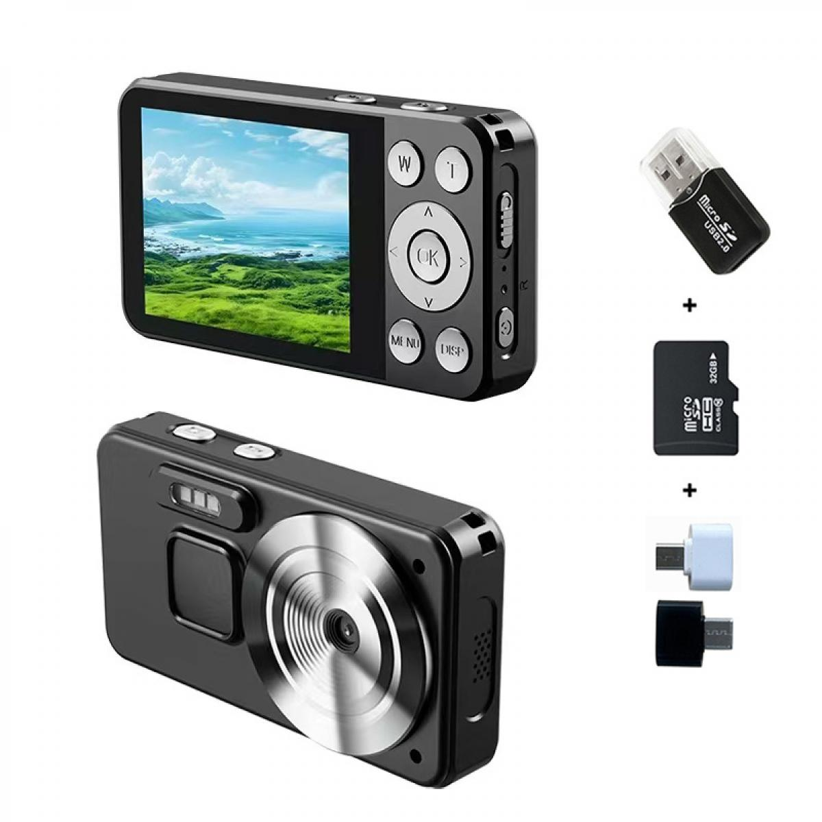 Eine schwarze Digitalkamera mit Landschaftsbildschirm. Zubehör: USB-Adapter, microSD-Karte und zwei Adapter.