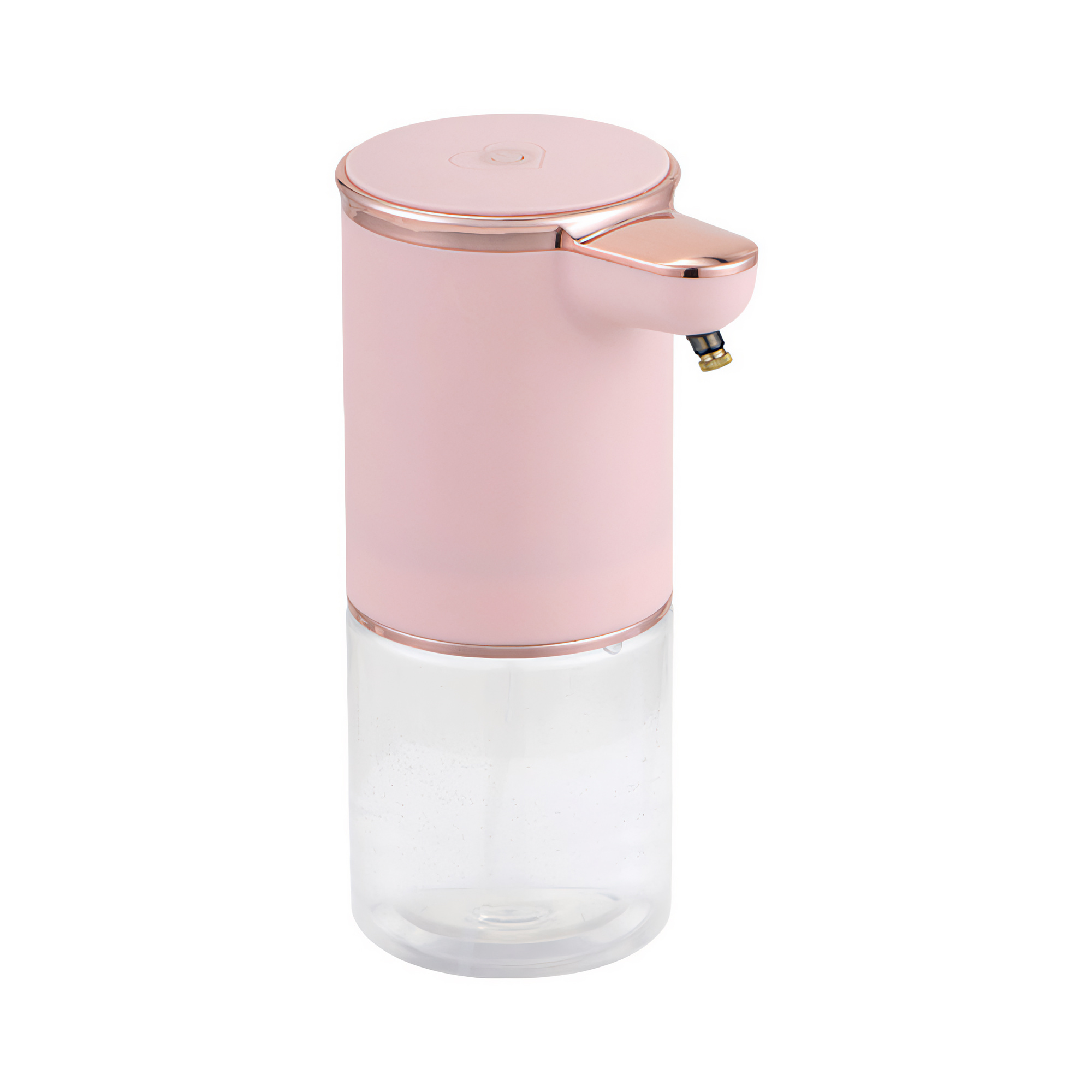 Ein rosa- und roségoldfarbener automatischer Seifenspender. Die Oberseite hat ein Herz. Der Boden ist klar, um den Seifenstand zu sehen.