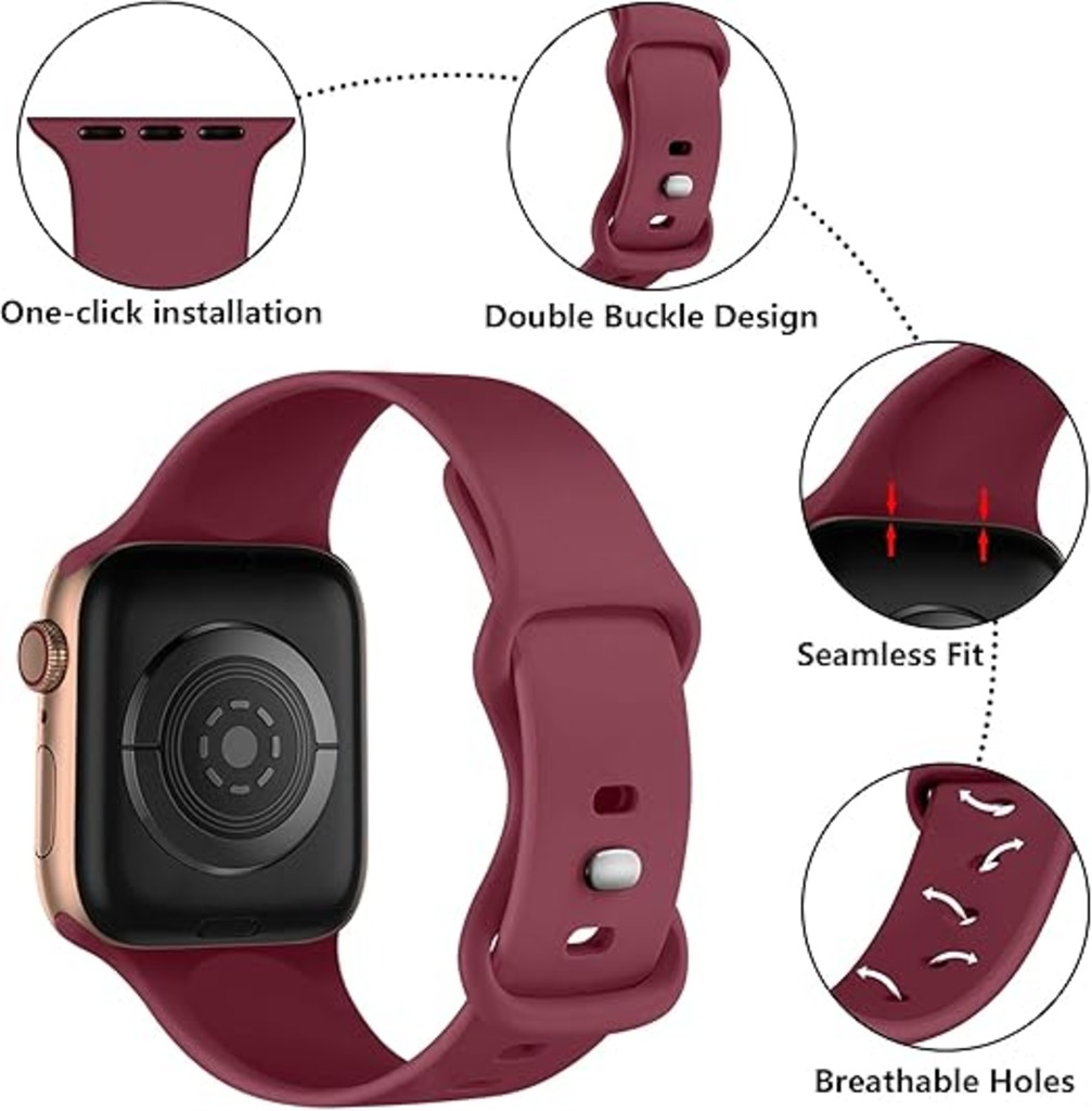 Eine bordeauxrote Apple Watch mit passendem Armband. Details zeigen die Funktionen des Armbands: One-Click-Installation, Doppelschnalle, nahtlose Passform und atmungsaktive Löcher.