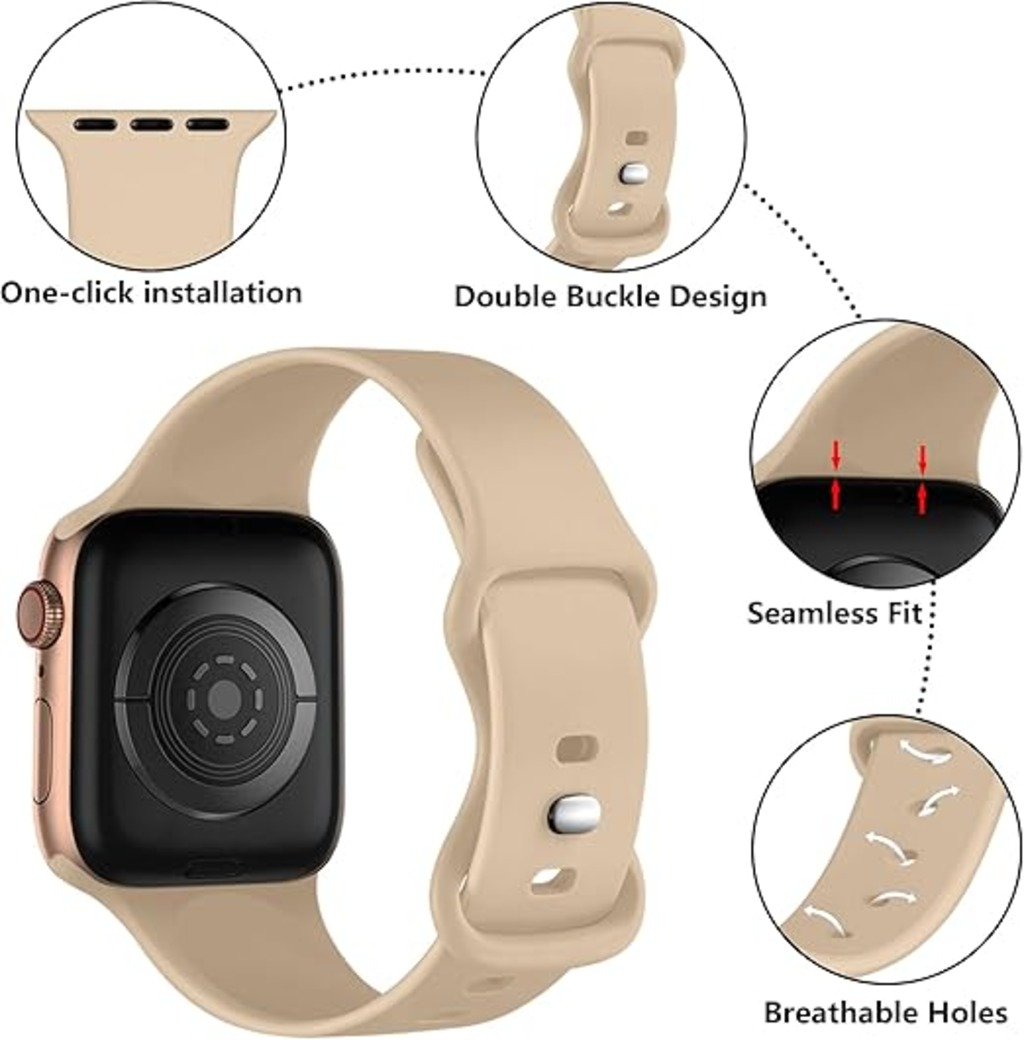 Beige Smartwatch mit schwarzem Bildschirm und goldenem Gehäuse. Merkmale: One-Click-Installation, Doppelschnalle, nahtlose Passform und atmungsaktive Löcher.