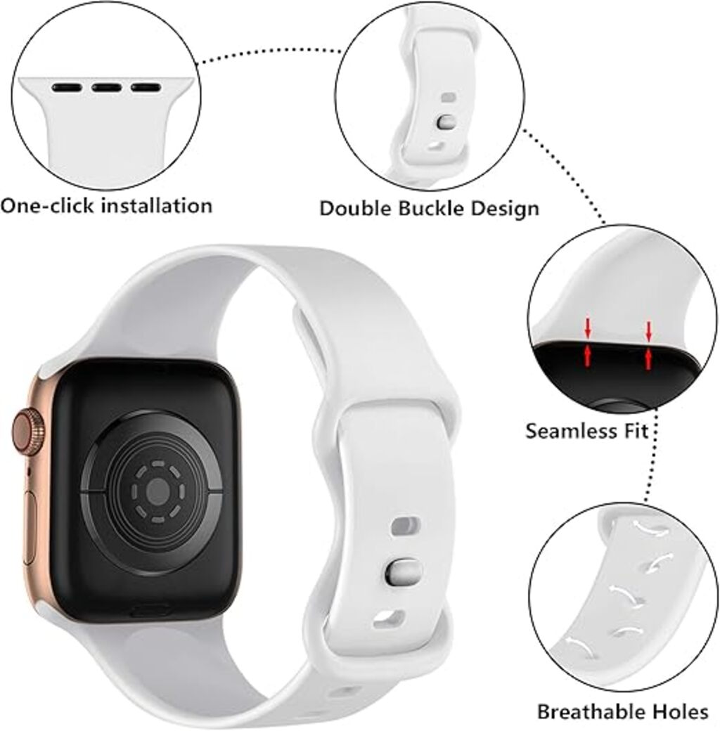 Weiße Apple Watch mit goldenem Gehäuse und weißem Armband. Merkmale sind Doppelschnallen-Design, nahtlose Passform und atmungsaktive Löcher.