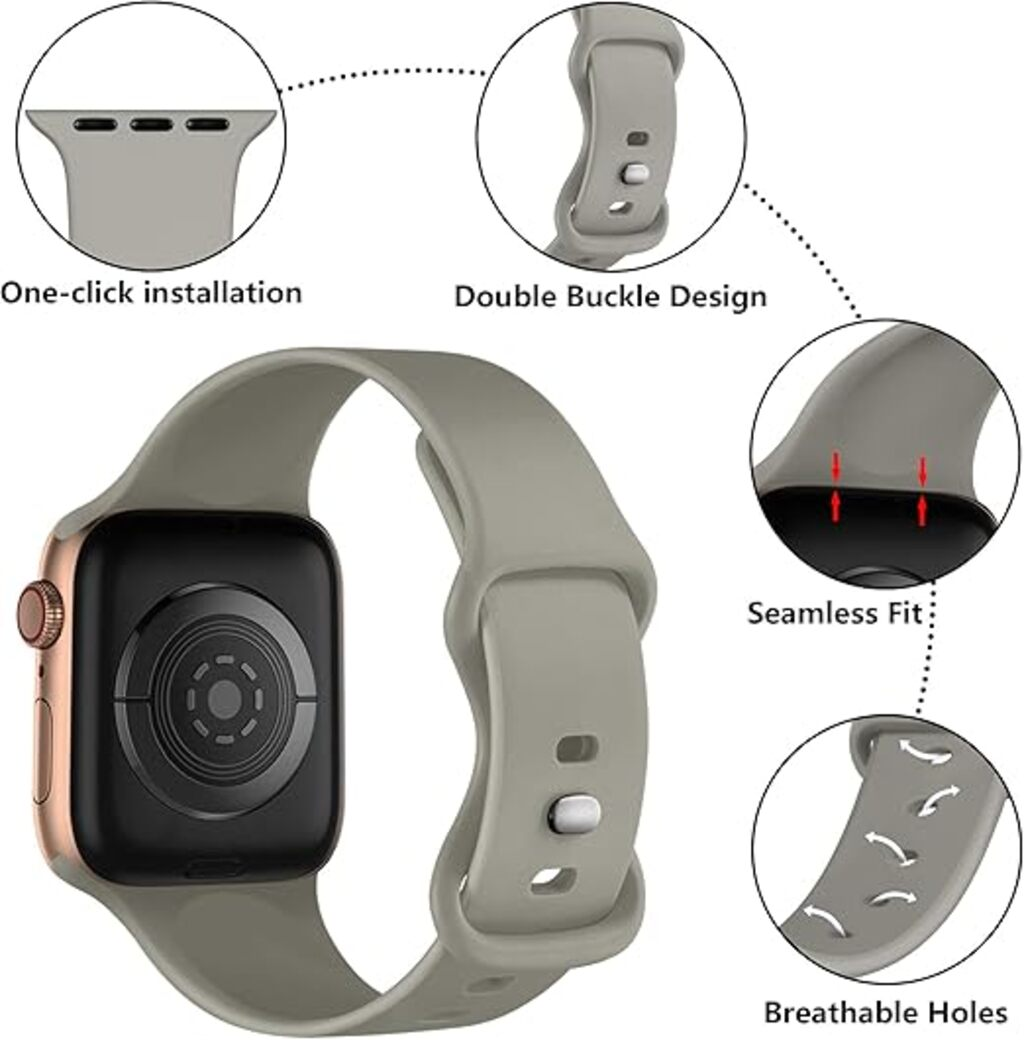 Eine Apple Watch mit grauem Armband. Details umfassen One-Click-Installation, Doppel-Schnallen-Design, nahtlose Passform und atmungsaktive Löcher.