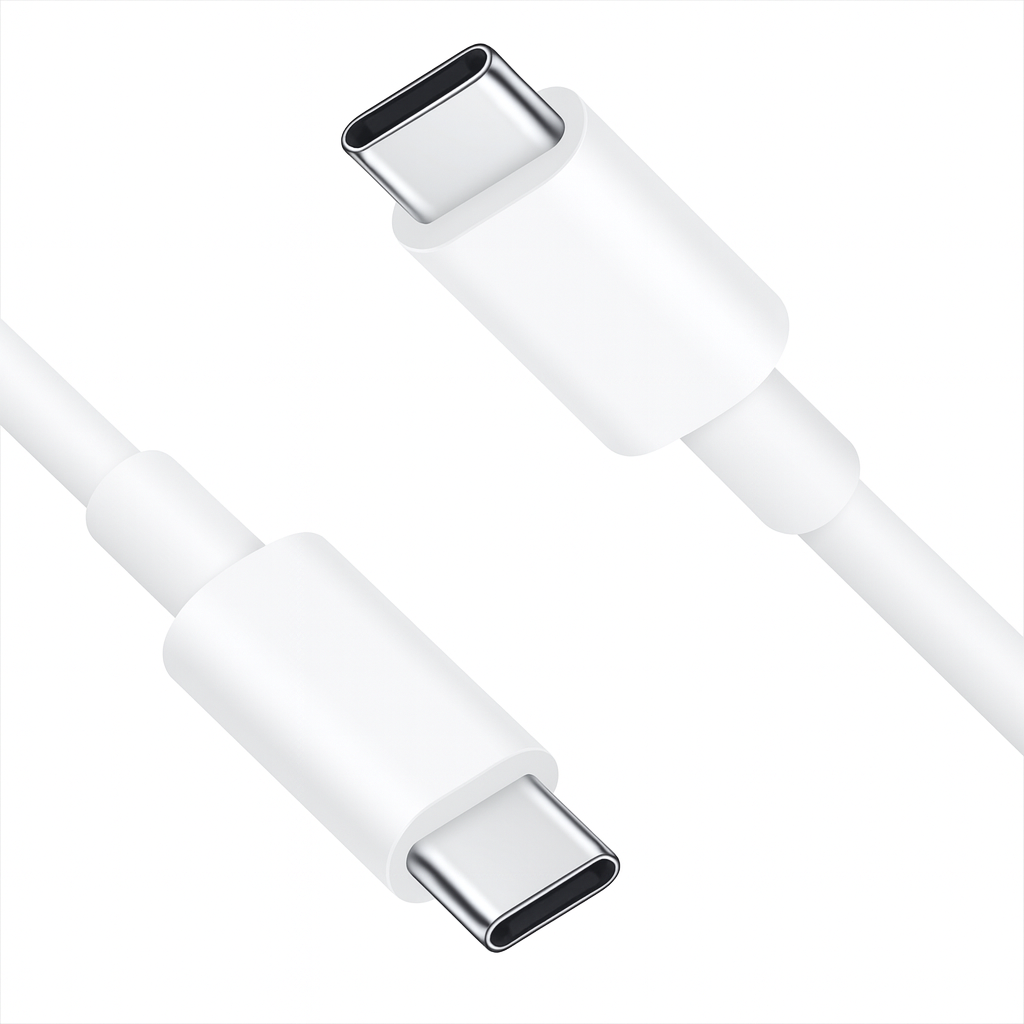 Zwei weiße USB-C-Kabel auf weißem Hintergrund. Die Anschlüsse sind silberfarben. Die Kabel sind diagonal abgewinkelt.
