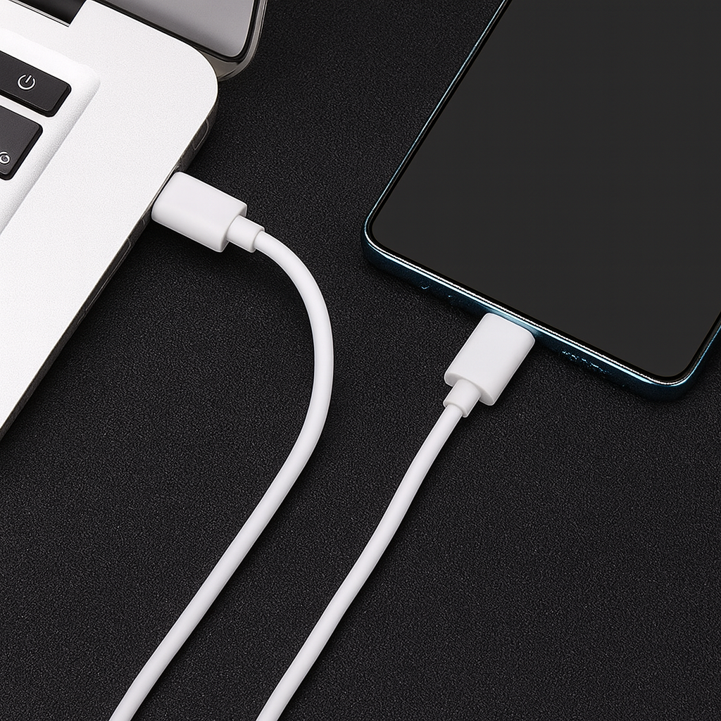 Ein weißes USB-C-Kabel verbindet einen Laptop und ein Smartphone. Das Telefon ist schwarz, der Laptop silber, beide auf schwarzem Untergrund.