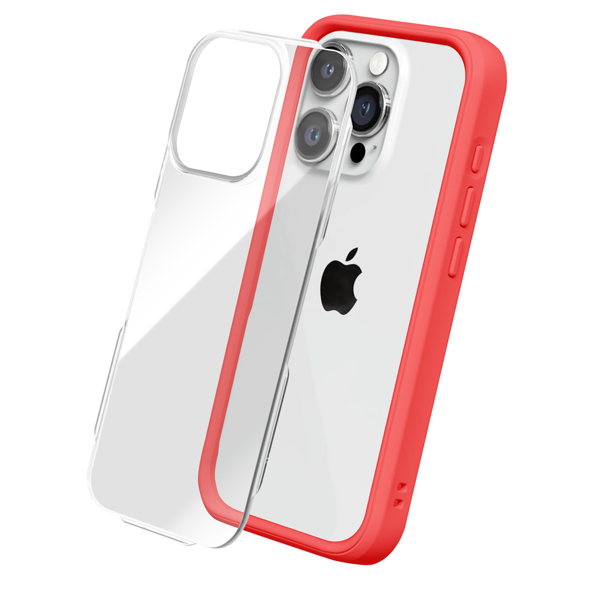 Un iPhone in una custodia rossa e trasparente. Il telefono è bianco con il logo Apple nero. La custodia è trasparente con bordi rossi.