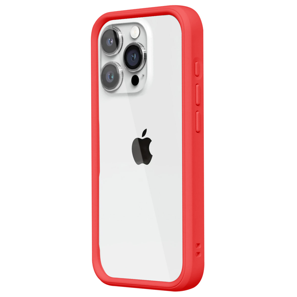 Un iPhone in una custodia rossa. Il telefono è trasparente, con un logo Apple nero. La custodia ha bordi e pulsanti rossi.