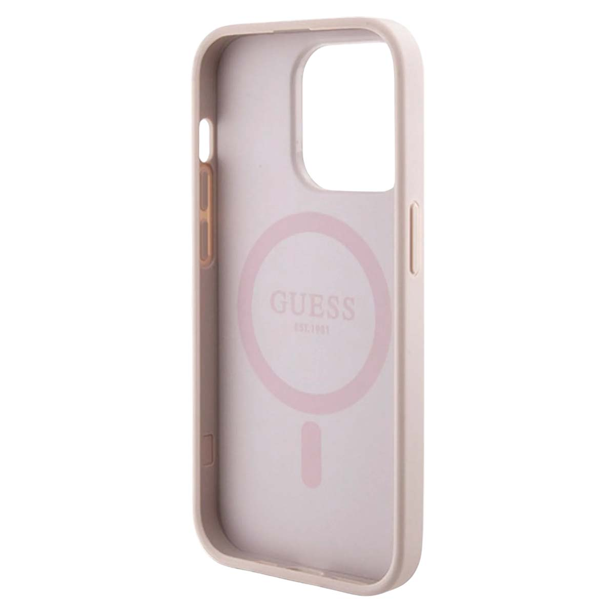 Eine hellrosa Guess-Handyhülle. Die Hülle hat ein kreisförmiges Design mit dem Guess-Logo. Die Hülle ist für ein Telefon.