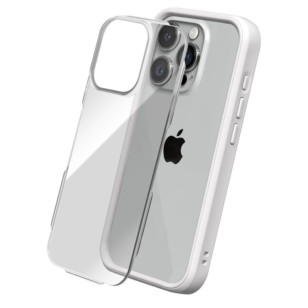 Uno smartphone con una custodia protettiva trasparente. Il telefono è argentato, con un logo Apple nero. La custodia è trasparente e bianca.