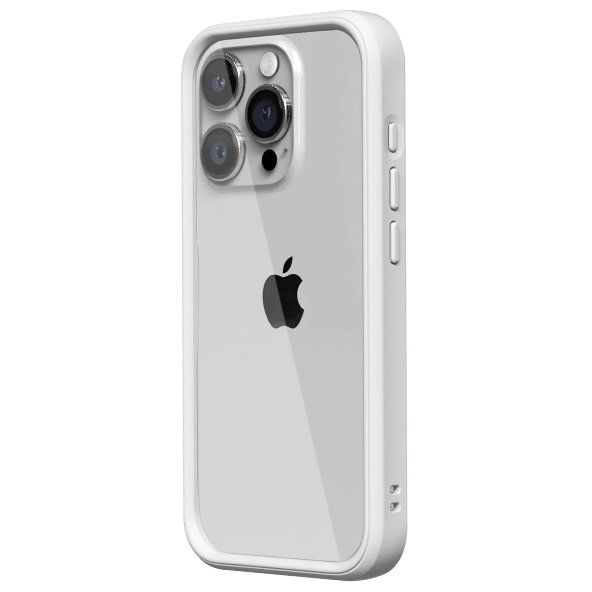 Un iPhone è racchiuso in una custodia bianca con retro trasparente. Il logo Apple è visibile. Le lenti della fotocamera sono prominenti e i pulsanti sono chiari.