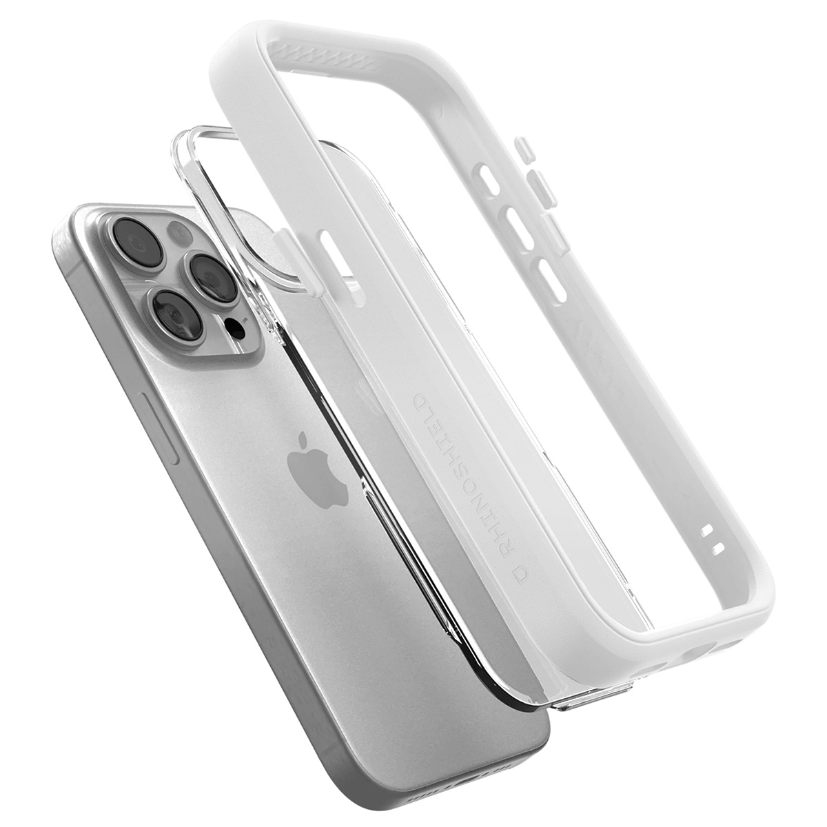 Un iPhone argentato con una custodia protettiva trasparente e un telaio bianco. La custodia è parzialmente assemblata, con il marchio.