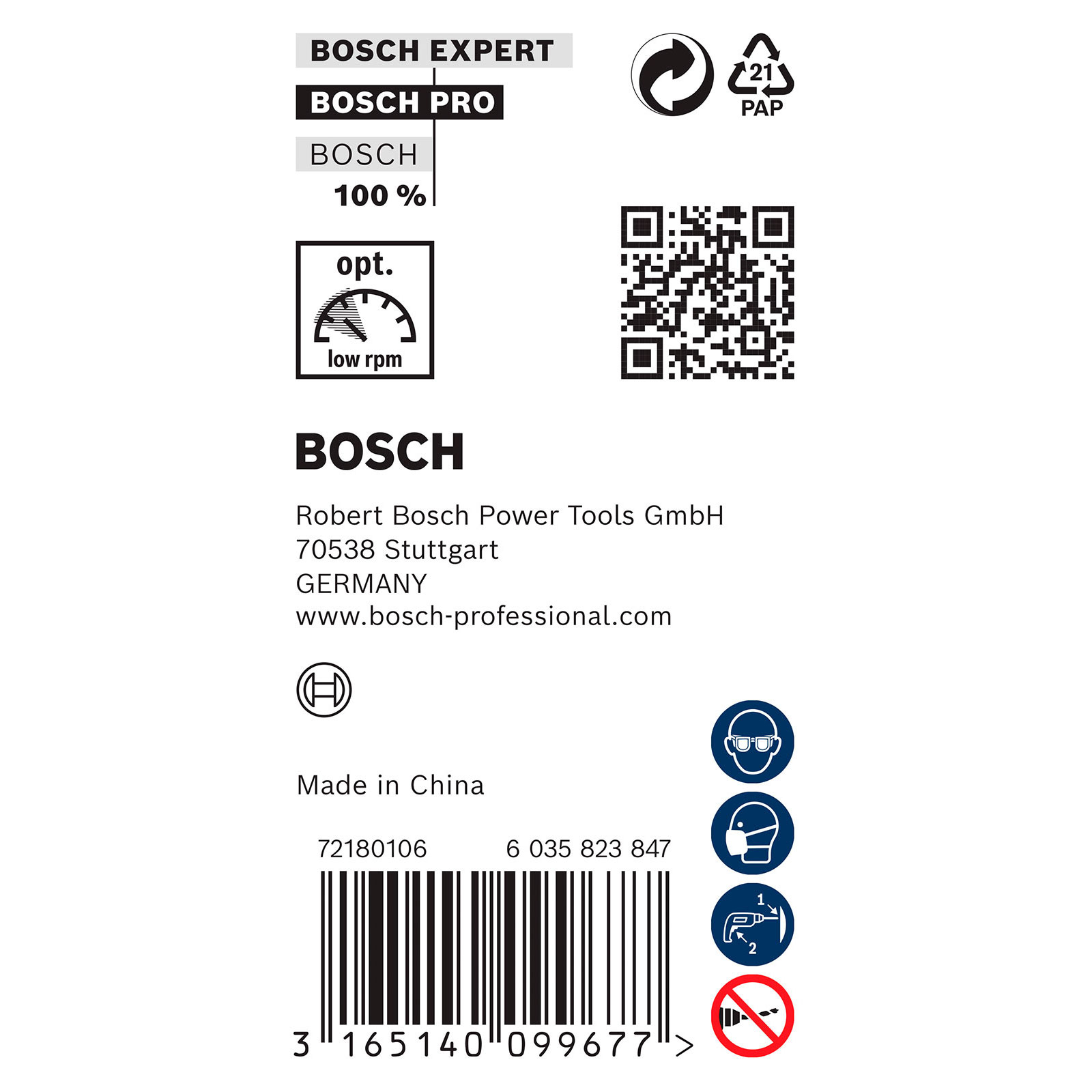 Weißer Hintergrund mit Bosch-Branding, Produktinformationen, QR-Code, Recyclingsymbolen, Barcode und Sicherheitssymbolen.