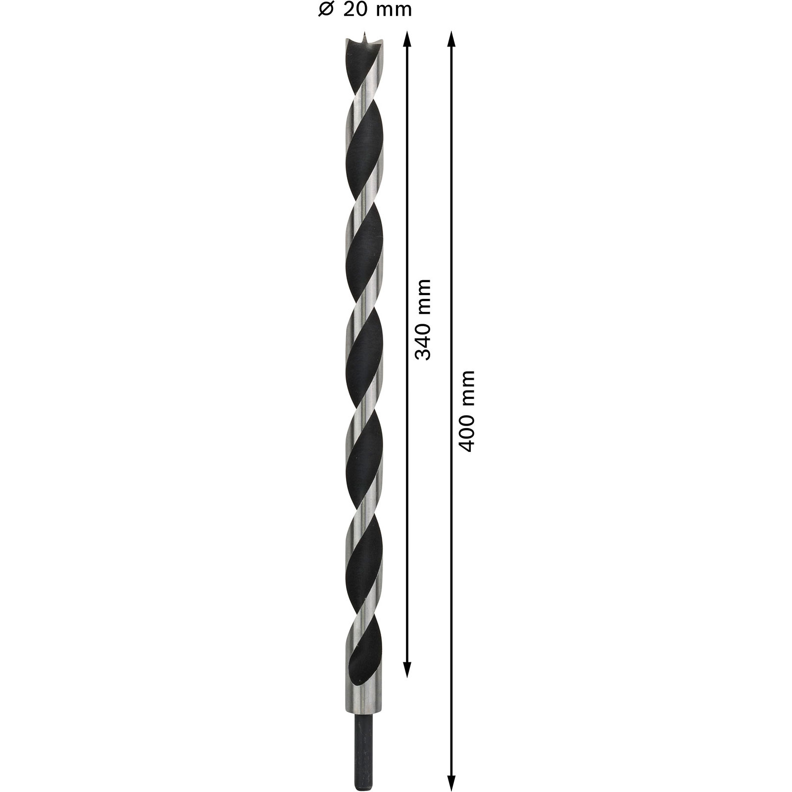Ein 20-mm-Holzbohrer mit schwarzen und silbernen Spiralen. Er ist 400 mm lang mit einer Spiralenlänge von 340 mm. Maße sind beschriftet.