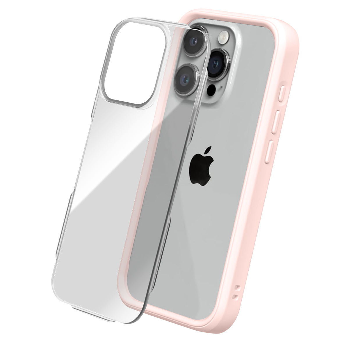 Un iPhone è in una custodia rosa, con una custodia trasparente accanto. L'iPhone ha un logo Apple nero e tre fotocamere.