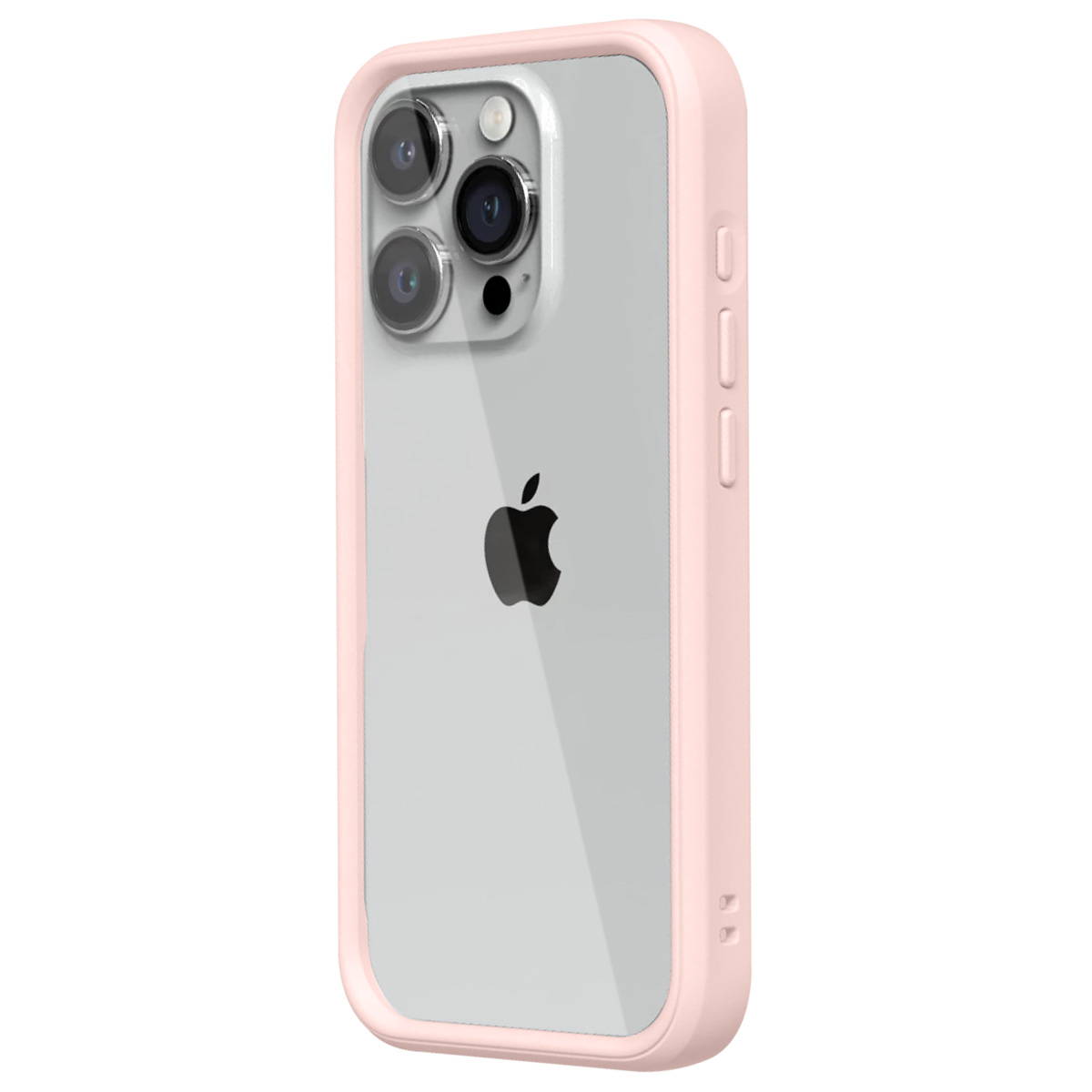 Un iPhone con custodia rosa. Il telefono ha tre fotocamere e un logo Apple. La custodia ha pulsanti laterali.