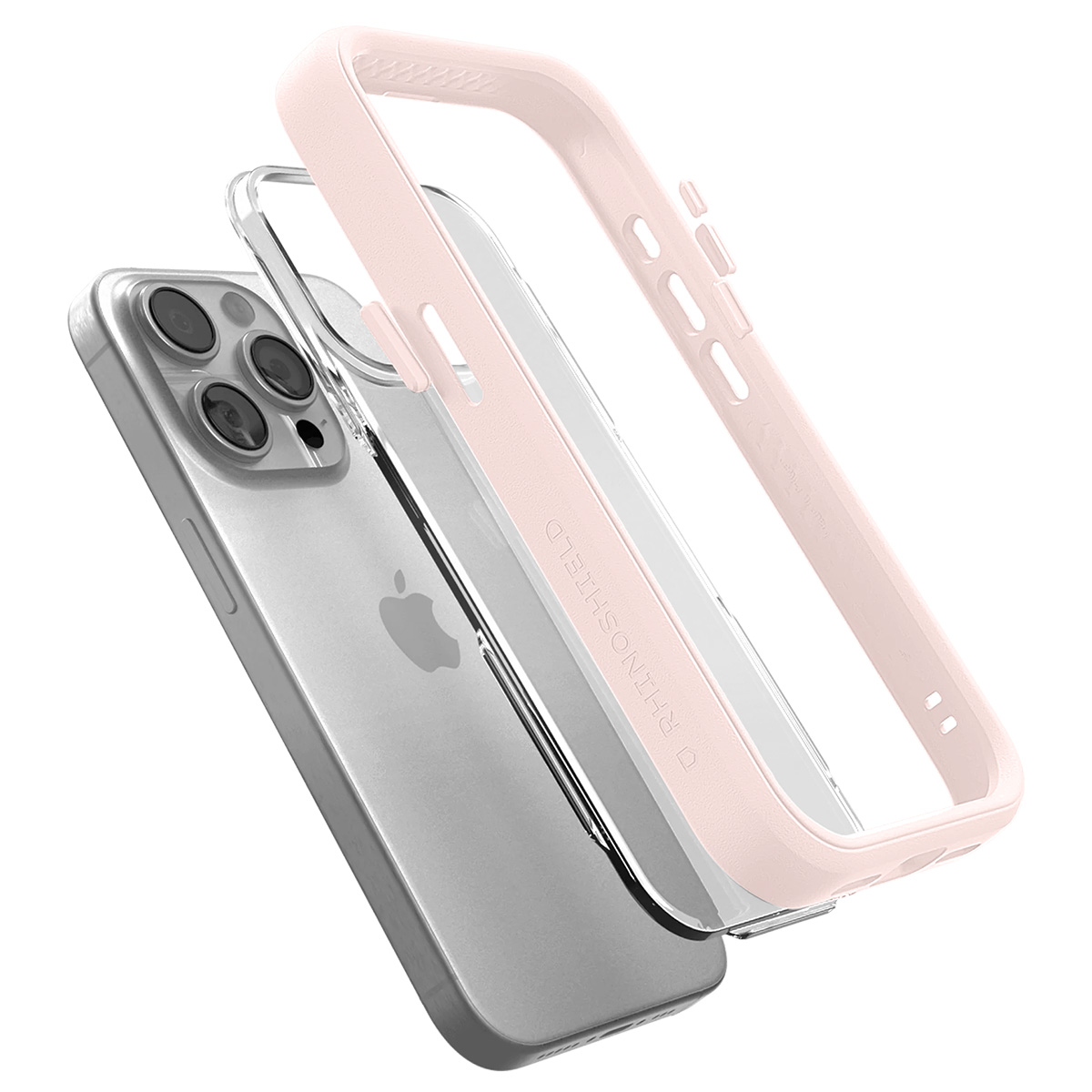 Un iPhone con custodia trasparente, paraurti rosa e copertura trasparente è mostrato leggermente angolato. Il telefono ha un retro argentato.