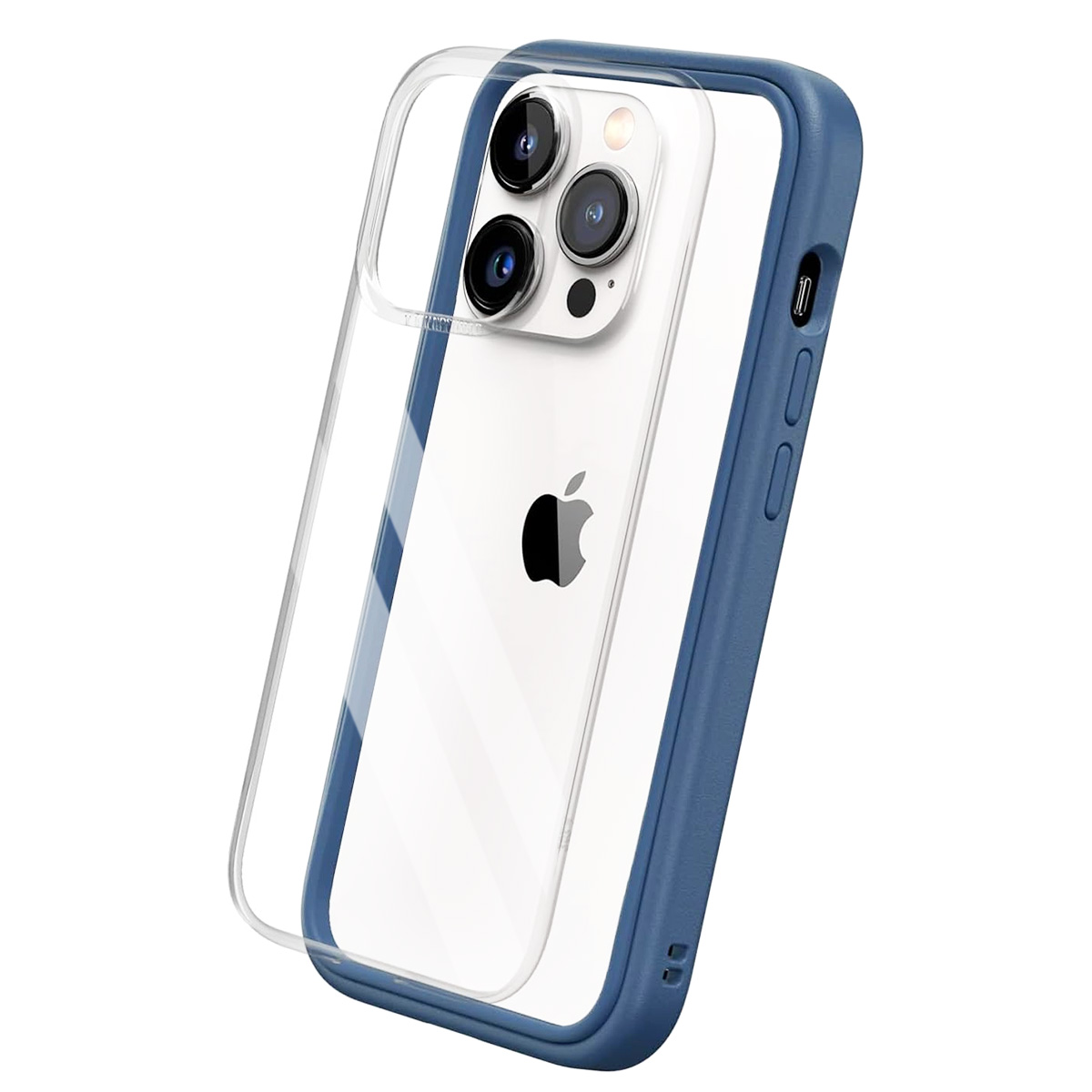 Un iPhone con una custodia trasparente, all'interno di una custodia blu. Logo Apple visibile. Obiettivi della fotocamera evidenti. Sfondo bianco.