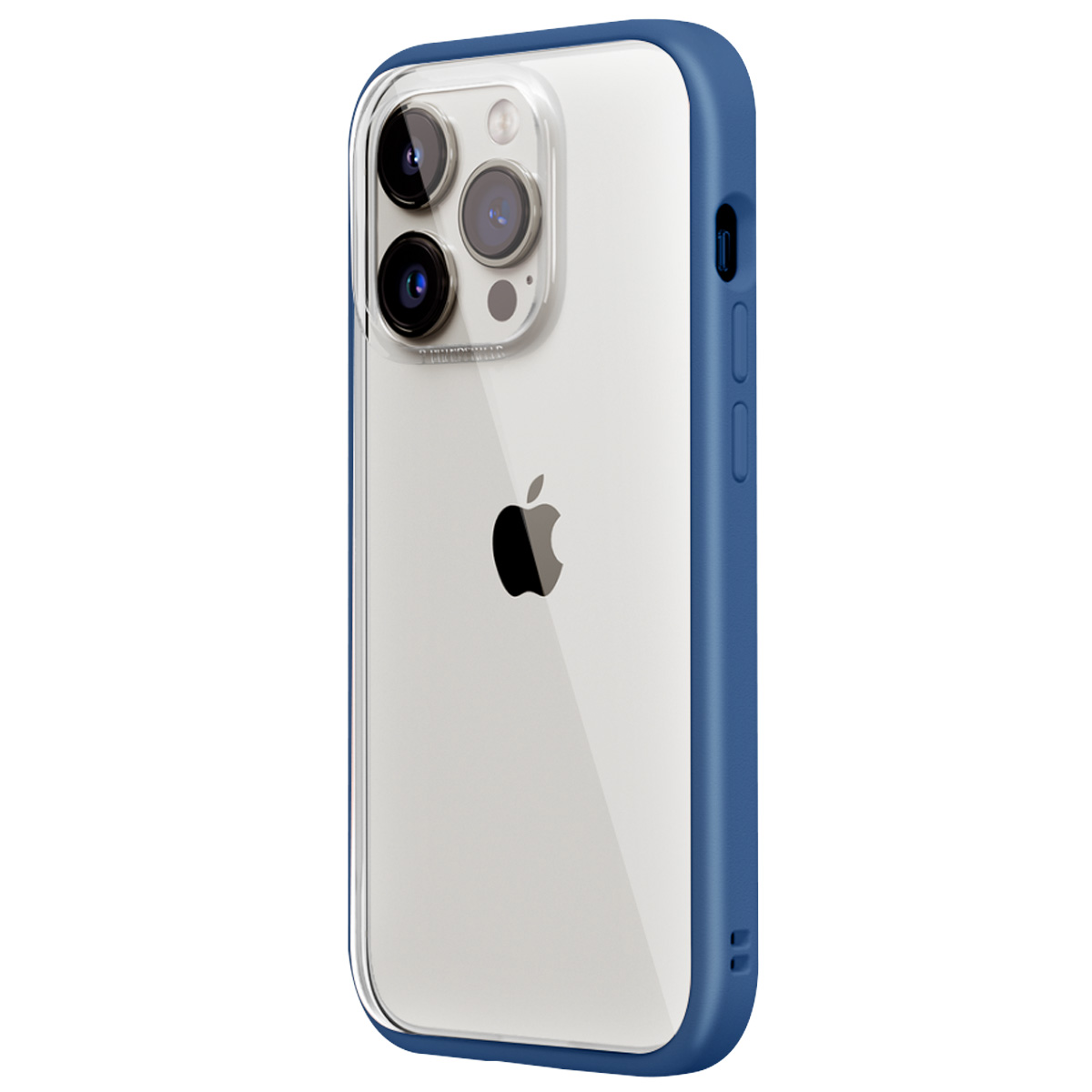 Un iPhone con custodia blu è mostrato su sfondo bianco. Sono visibili le lenti della fotocamera e il logo Apple.