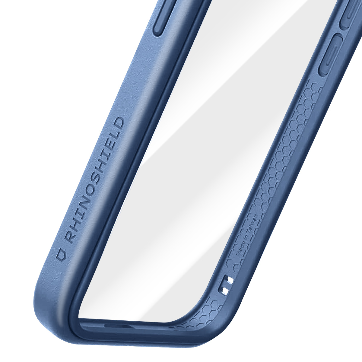 Una custodia blu per telefono con centro trasparente. La custodia ha la scritta RHINOSHIELD. C'è scritto Made in Taiwan. Motivo esagonale sui lati.