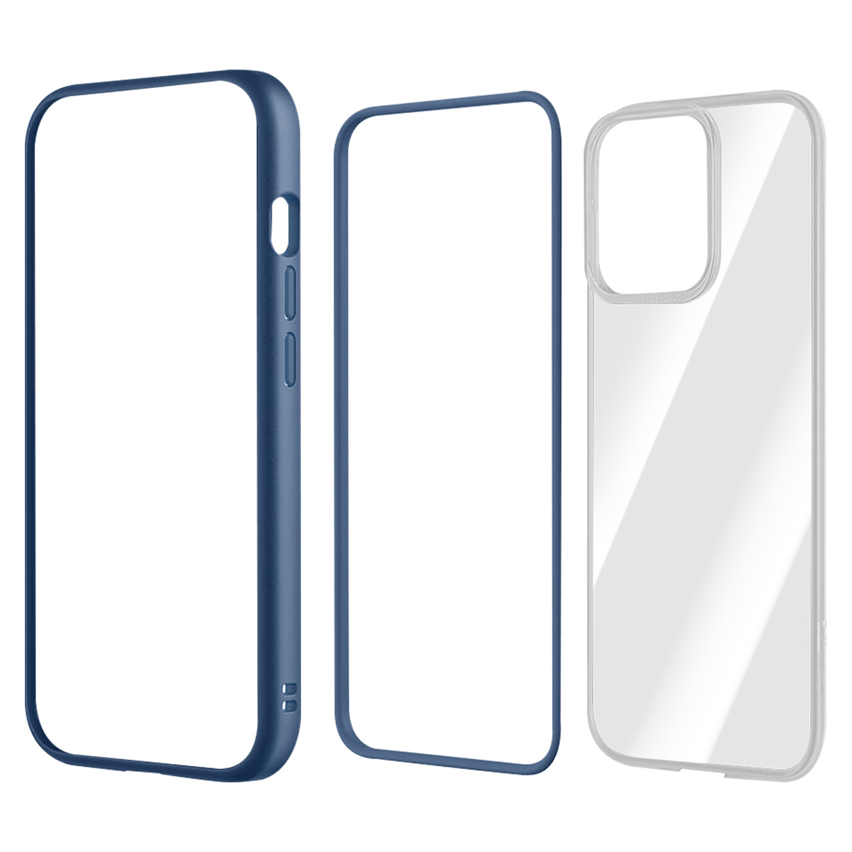 Tre custodie per telefono: una con bordi blu, una cornice blu e una trasparente, tutte su sfondo bianco, evidenziando la protezione.