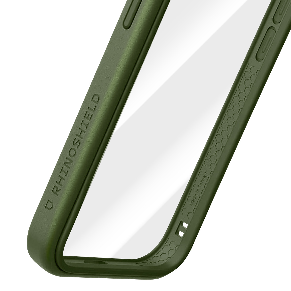 Una custodia per telefono verde oliva con un centro trasparente è angolata su sfondo bianco. Il marchio, RhinoShield, è visibile.