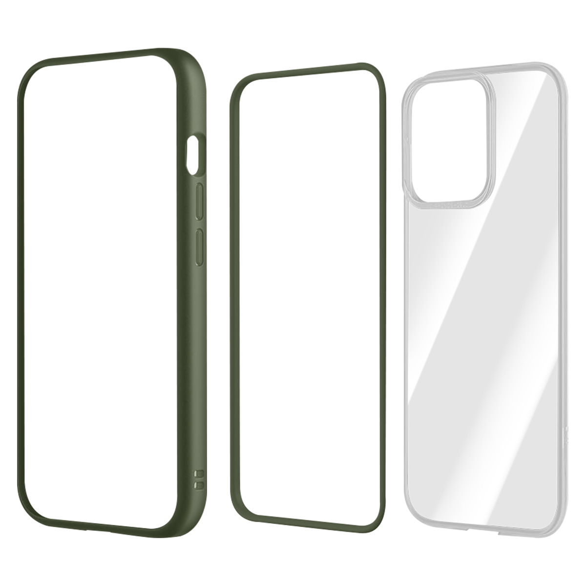 Tre custodie per telefono: una verde scuro, una cornice trasparente e una trasparente. Tutte vuote all'interno, con sfondo bianco.