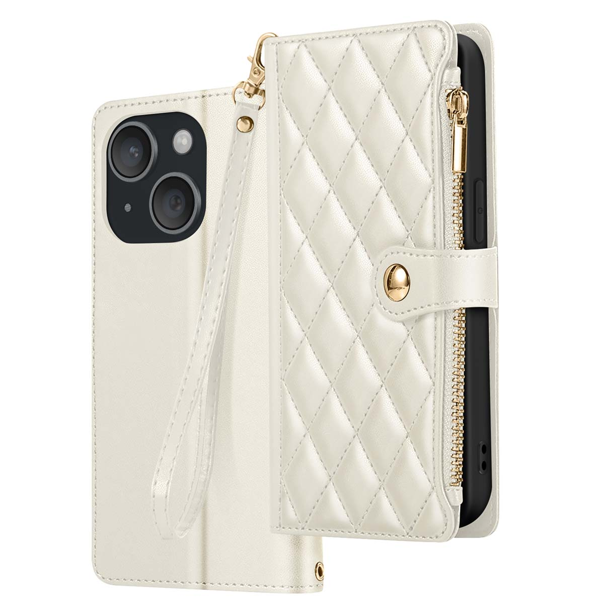 Custodia bianca per iPhone con design trapuntato e cerniera dorata. Dispone di un supporto per telefono e un cinturino.