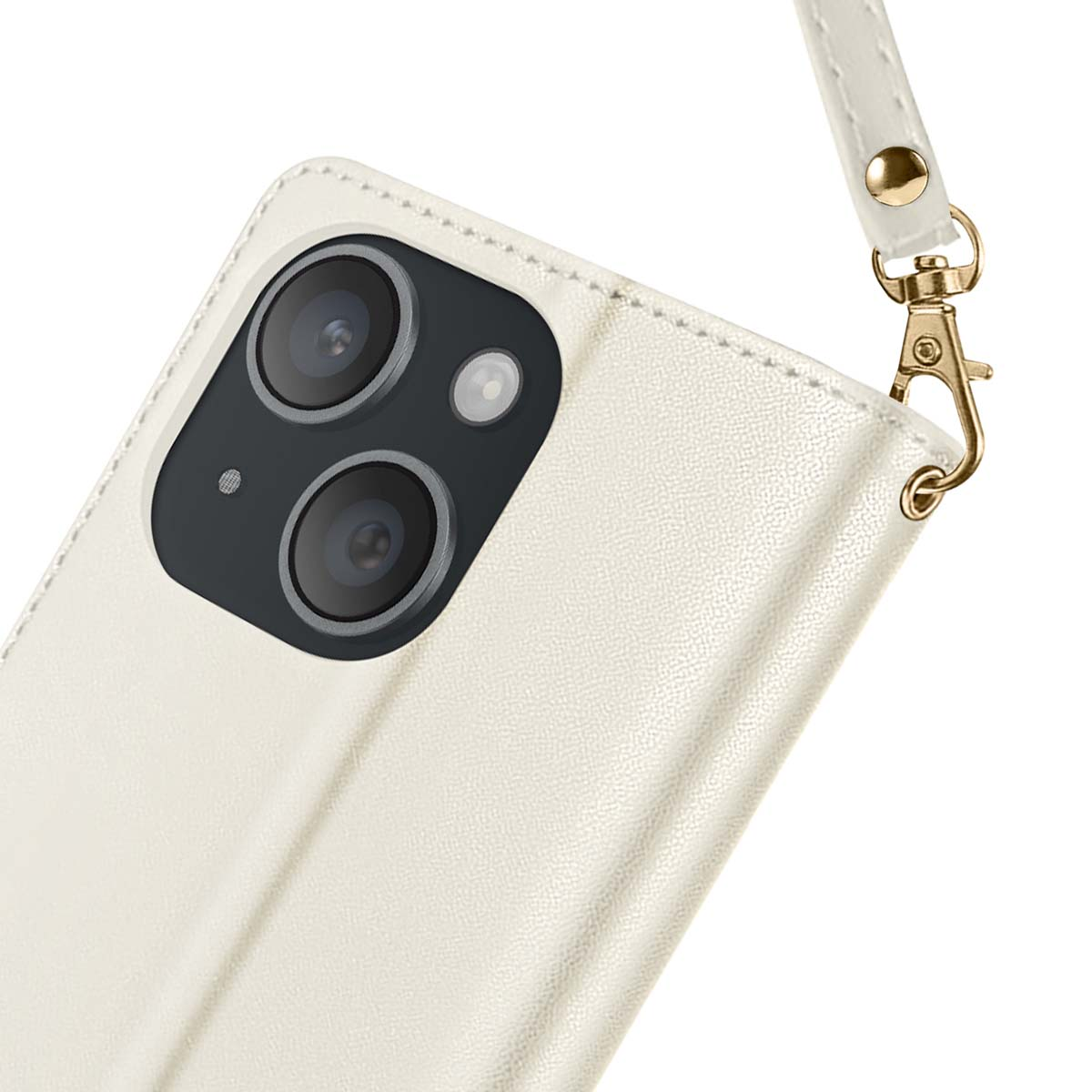 Una custodia bianca per telefono con tre obiettivi. Ha un cinturino con un fermaglio dorato. Lo sfondo è bianco.