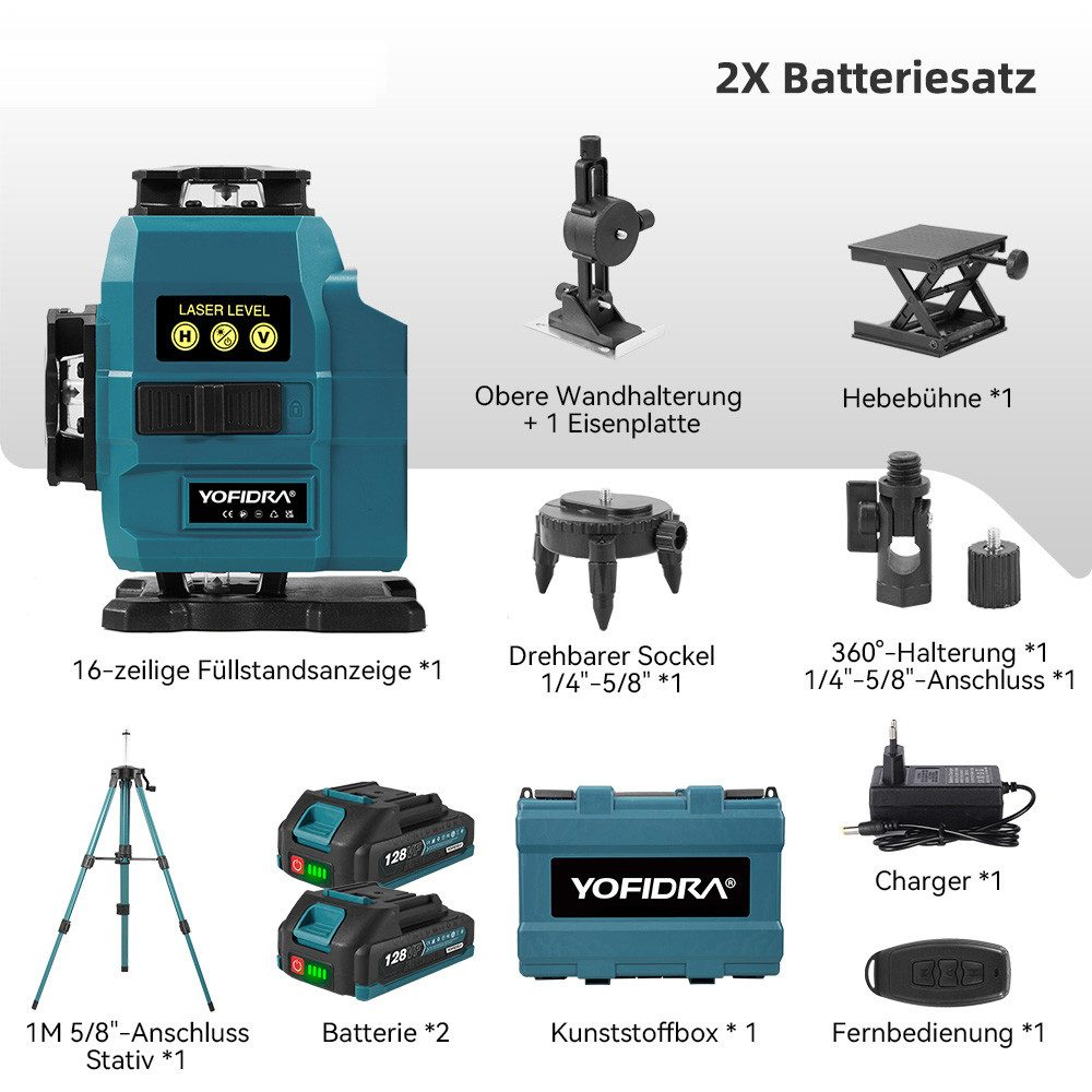 Ein Laser-Nivelliersatz mit mehreren Zubehörteilen. Enthält ein Laser-Niveau, Batterien, Ladegerät, Ständer, Fernbedienung und andere Werkzeuge.