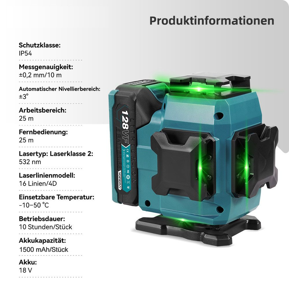 Ein türkisfarbener Laserpegel mit schwarzen Akzenten steht auf einer schwarzen Basis. Produktinfo links. Enthält Spezifikationen wie Batteriekapazität und Lasertyp.