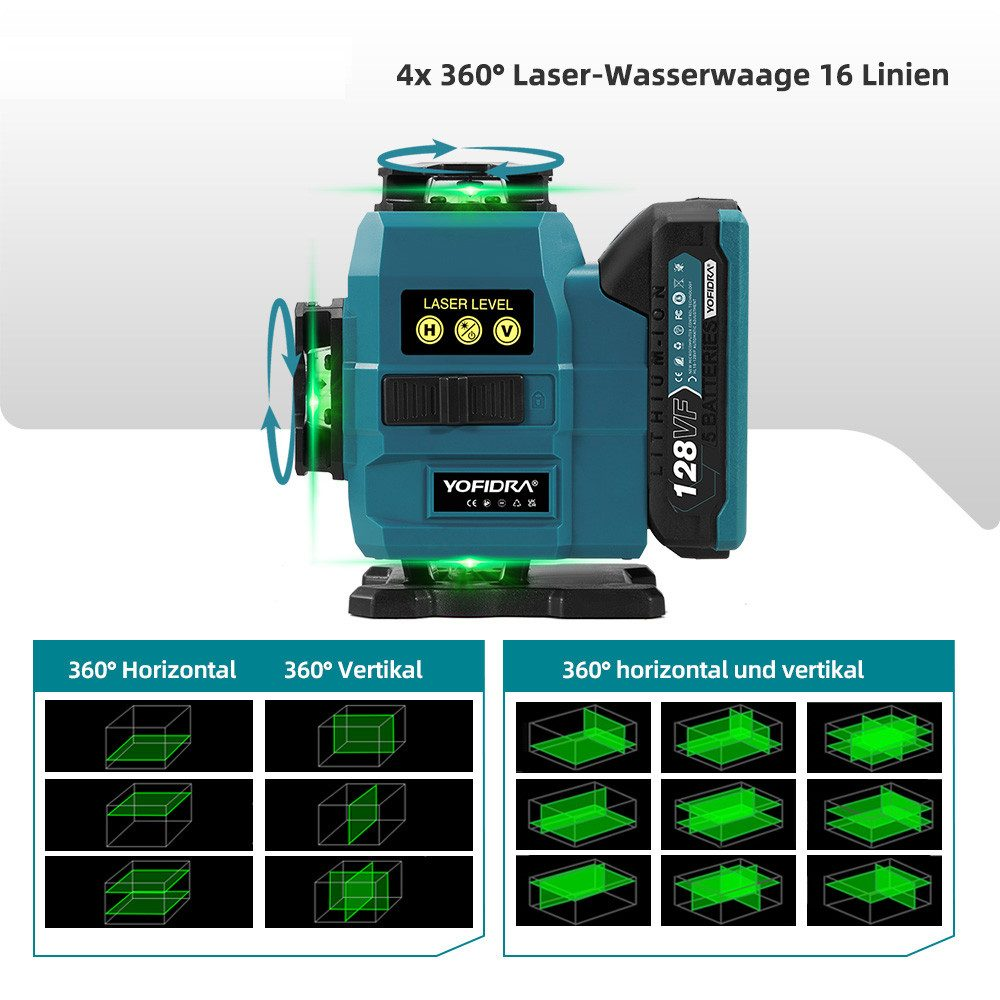Ein Laser-Niveau mit der Aufschrift 'YOFIDRA' mit Akkupack, zusammen mit Diagrammen zur horizontalen und vertikalen Ausrichtung.