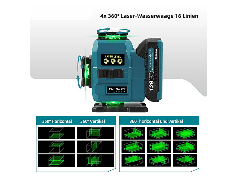 Yofidra Kreuzlinienlaser 16 Linien Laser Level 3° Selbstnivellierend 4 x 360° Laserwasserwaage, mit 2x Akku + Stativ, für Innenbau, Fliesen & Holz, Linienlaser