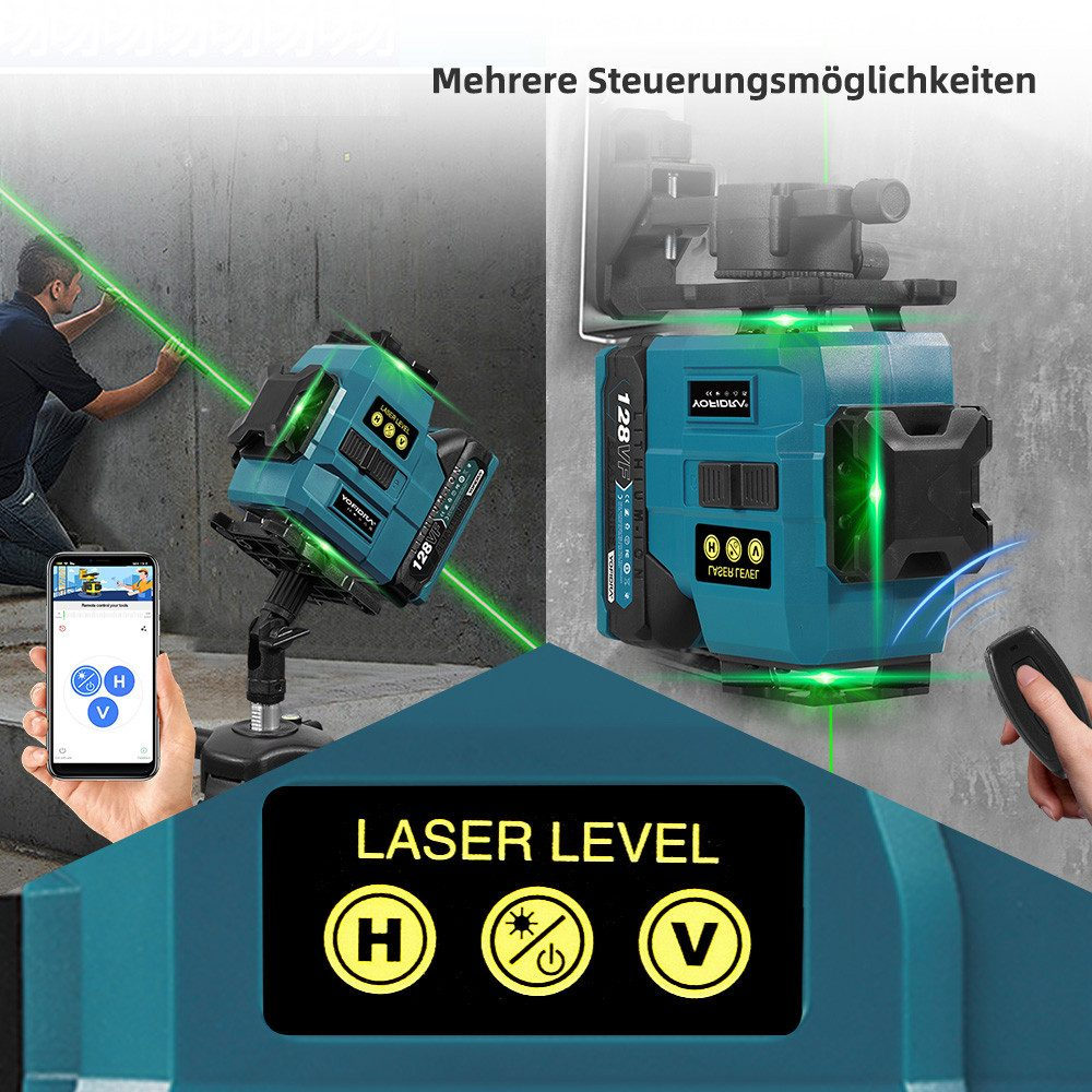 Ein Laser-Nivelliergerät projiziert grüne Linien. Eine Person verwendet ein Smartphone zur Steuerung. Eine Fernbedienung wird ebenfalls verwendet. Das Gerät hat Knöpfe.