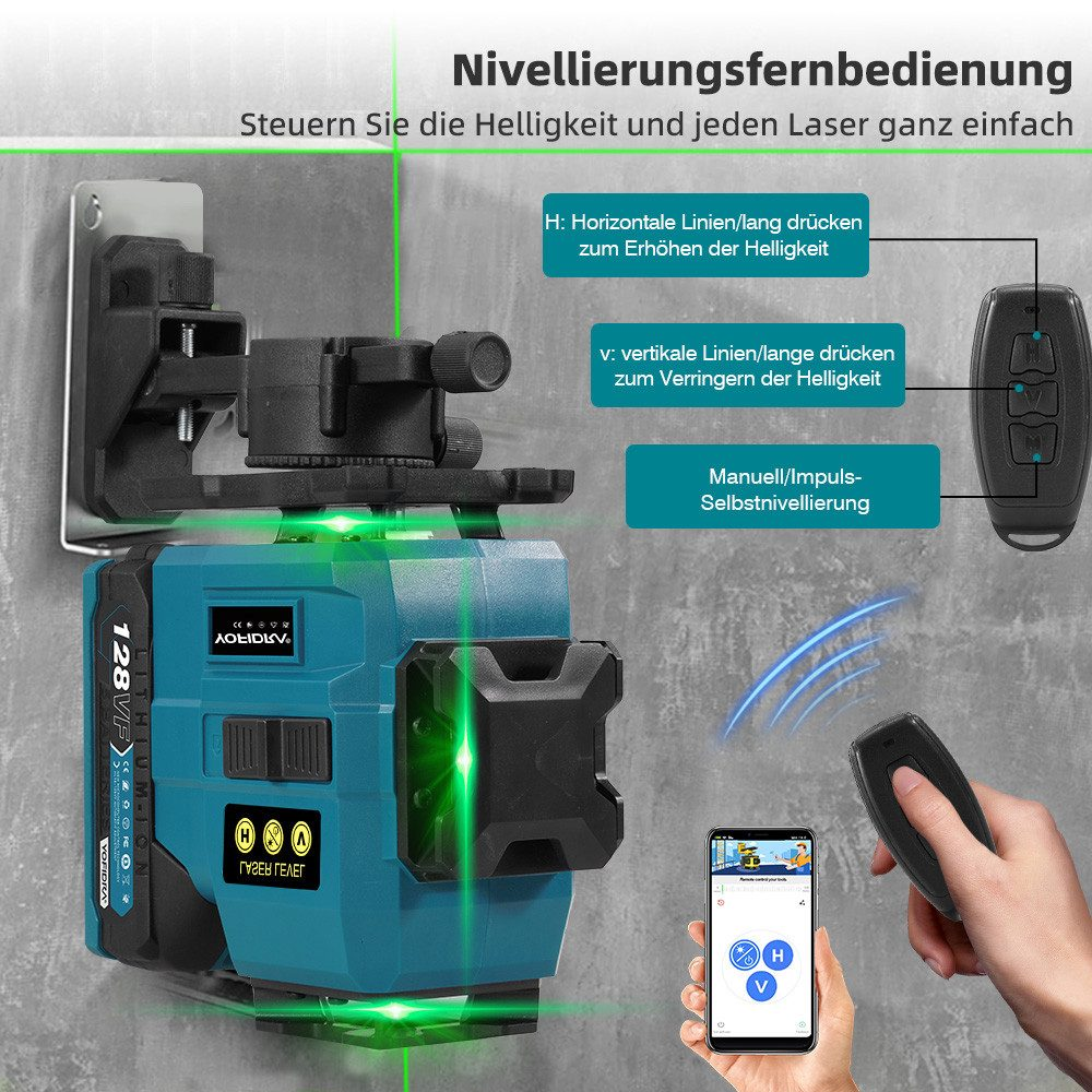 Ein blau-schwarzer Laser-Nivellierer mit Fernbedienungen und Smartphone-Oberfläche. Grüne Laserstrahlen sind sichtbar. Text auf Deutsch.