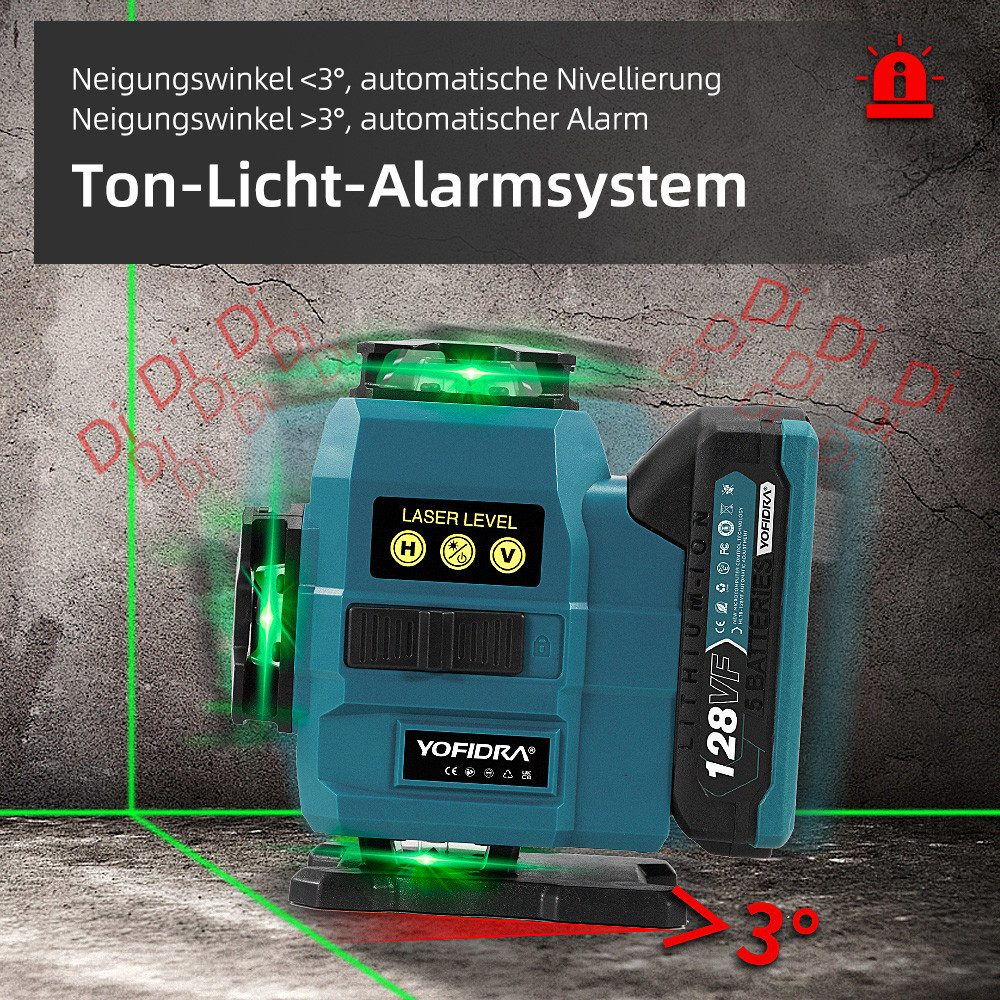 Ein türkisfarbenes Laser-Nivelliergerät mit grünen Laserstrahlen. Es steht vor einer grauen Wand. Auf dem Gerät steht 'YOFIDRA' und 'LASER LEVEL'.