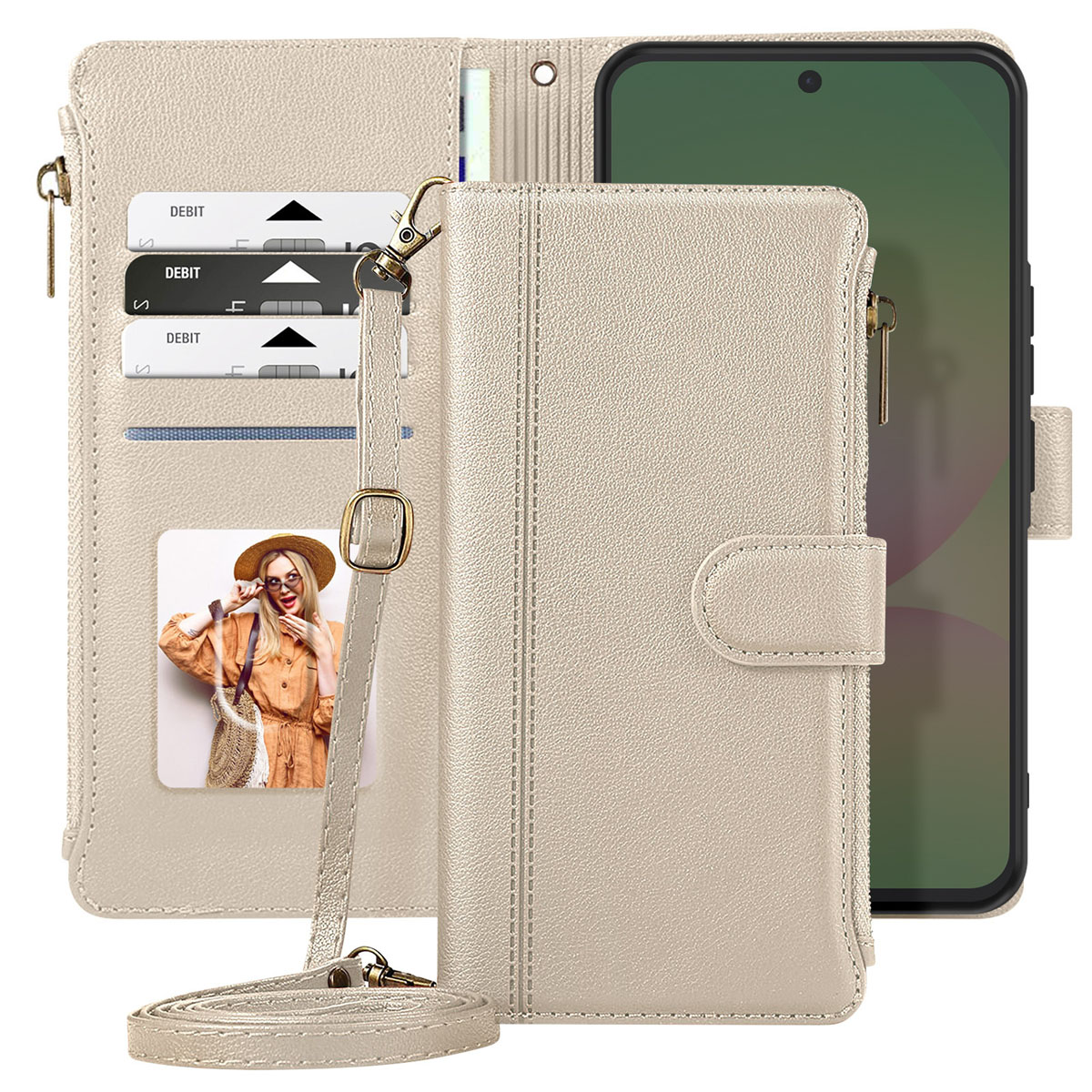 Custodia per telefono beige con più scomparti per carte, un'immagine e uno smartphone. Ha un cinturino e una cerniera.