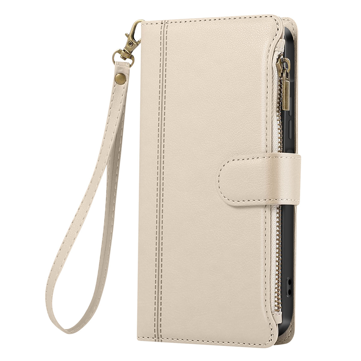 Una custodia per telefono beige con cerniera e cinturino da polso. Ha un design cucito e una chiusura a scatto.