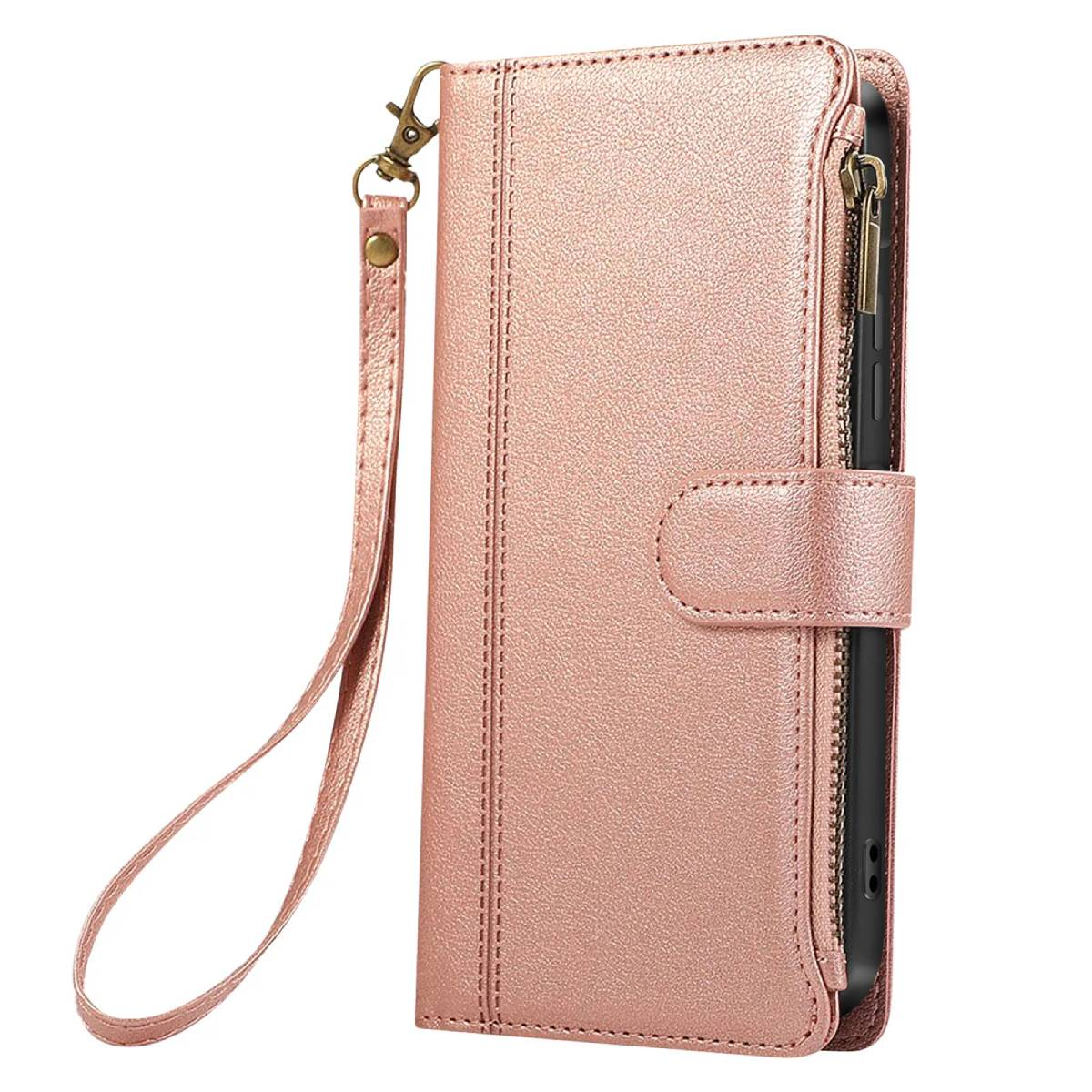 Una custodia per telefono in pelle rosa stile portafoglio con cinturino da polso. Presenta chiusura con zip e bottone. Dettagli in metallo dorato.
