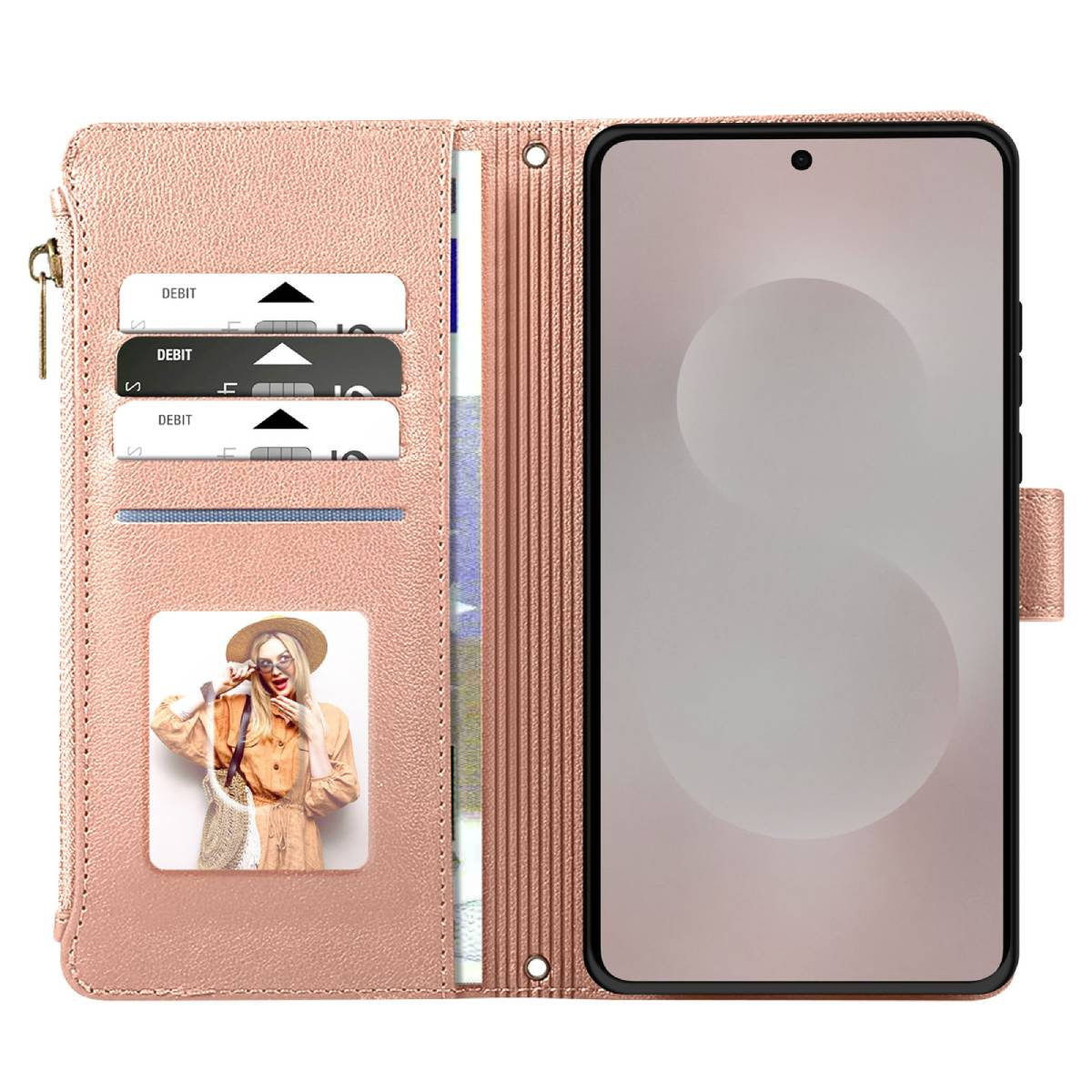 Un portafoglio rosa per telefono con smartphone, carte di debito e foto di una donna con un cappello. Il portafoglio è aperto.