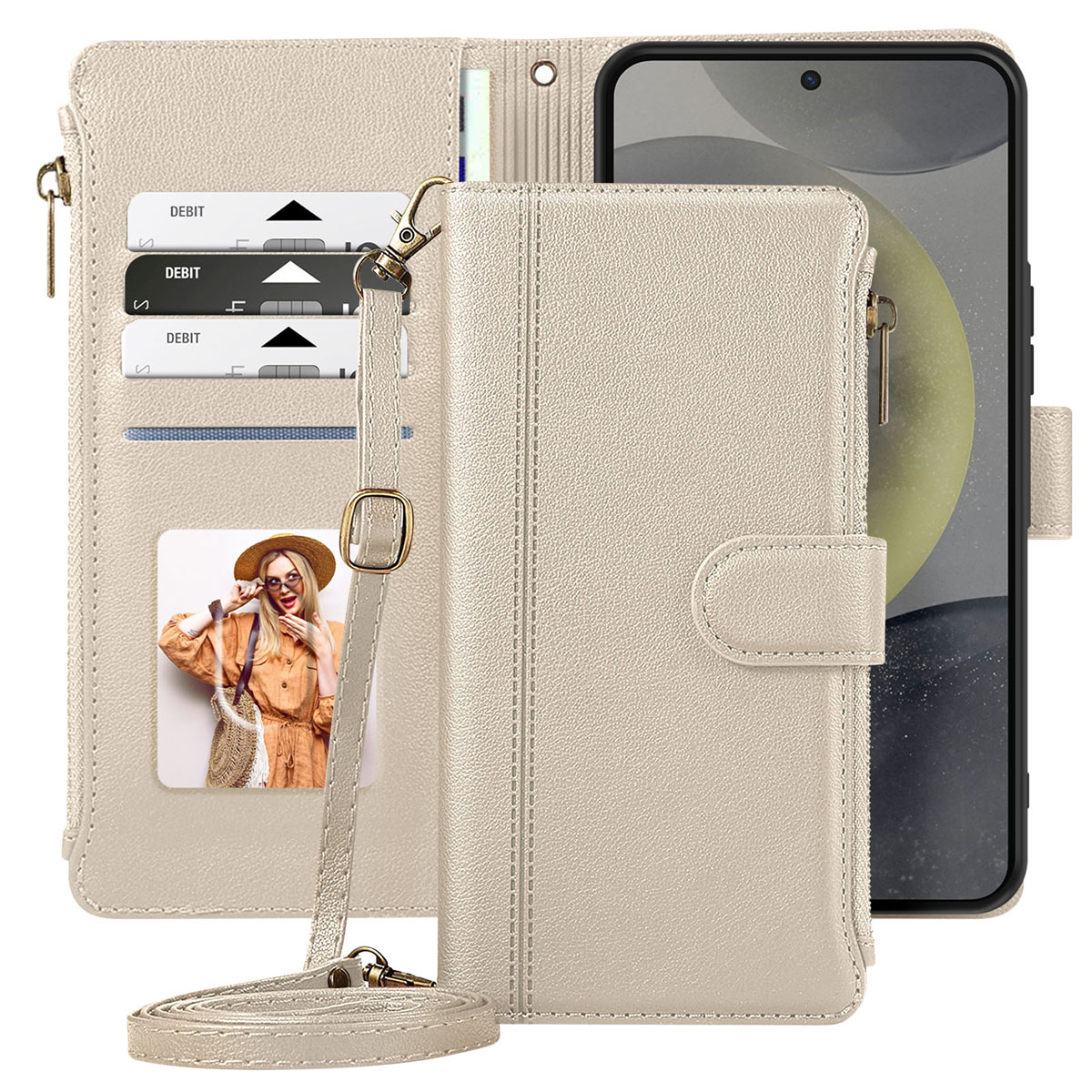 Portafoglio per telefono color crema con carte di debito, una foto e una tracolla. Un telefono è visibile sul lato destro. Il portafoglio è chiuso.