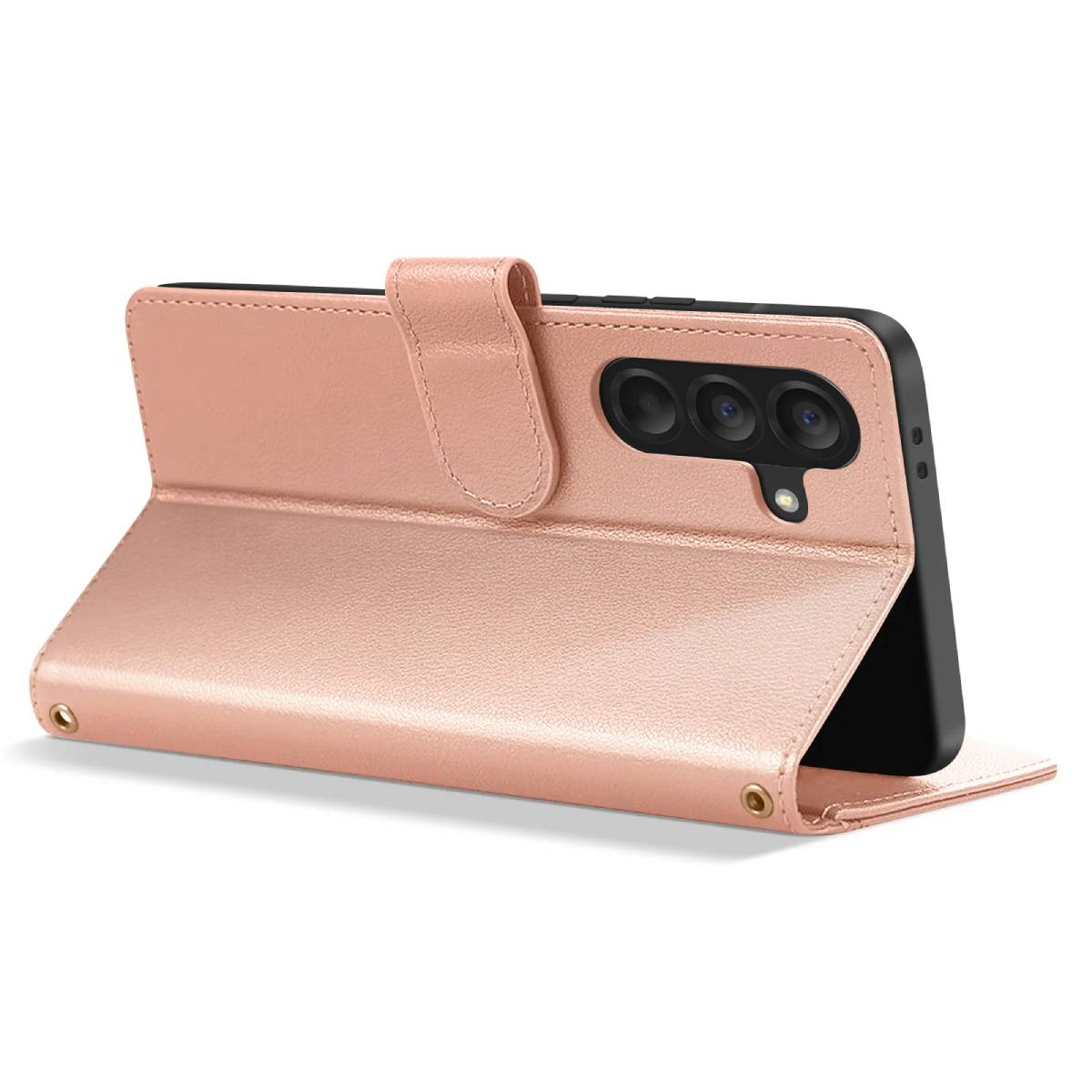 Una custodia rosa per telefono è aperta, rivelando un telefono con tre fotocamere. La custodia ha una chiusura magnetica.